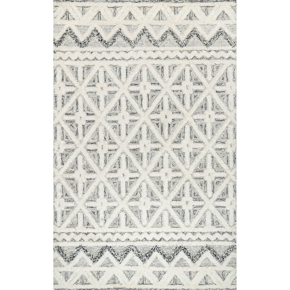 nuLOOM Mcclaire Handmade High Low Wool Shaggy Geometric Diamonds Area Rug, 5' x 8', Ivory