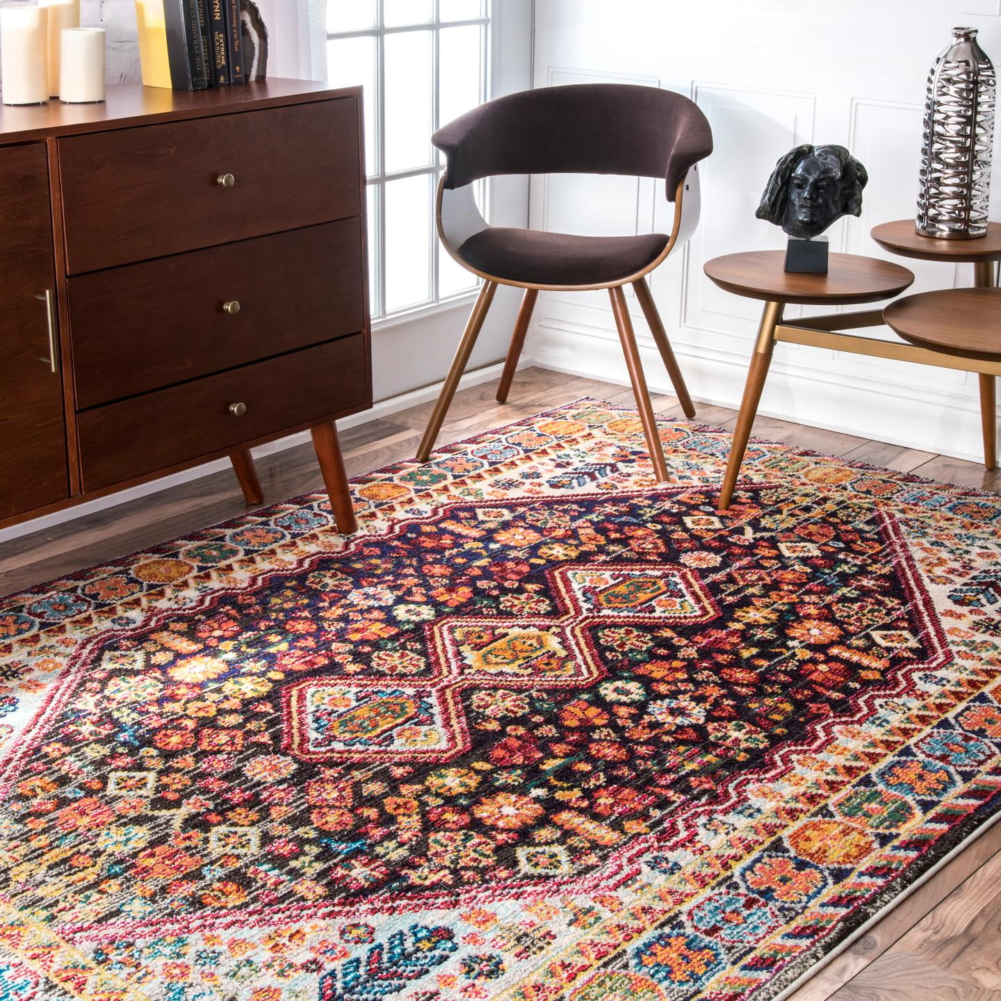 Reversible Vintage-Style Medallion Runner Rug in Black, 31"x96"
