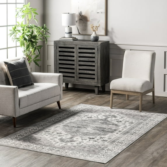 nuLOOM Medallion SpinClean Bordered Machine Washable Area Rug, 5' x 8', Dark Grey
