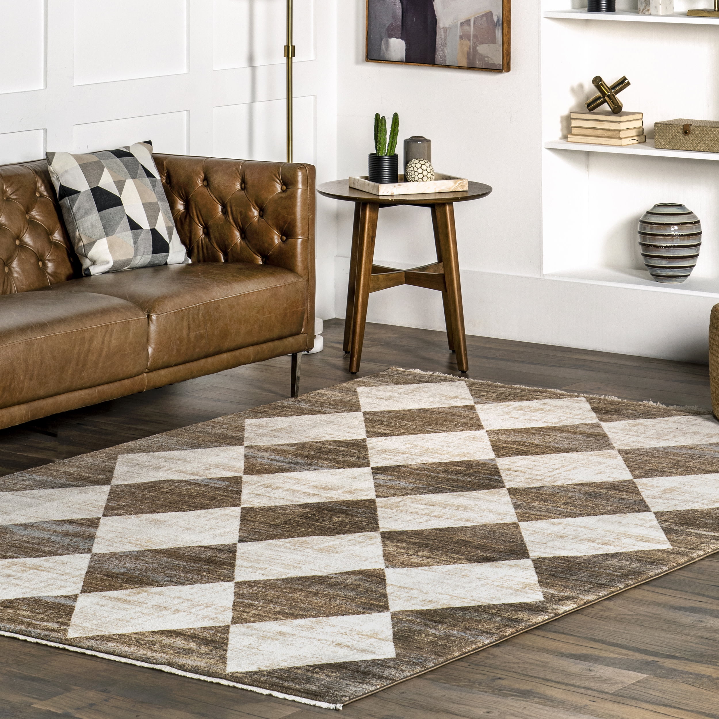 Beige and Brown Checkered Fringe Area Rug, 2' 8" x 7' 10"
