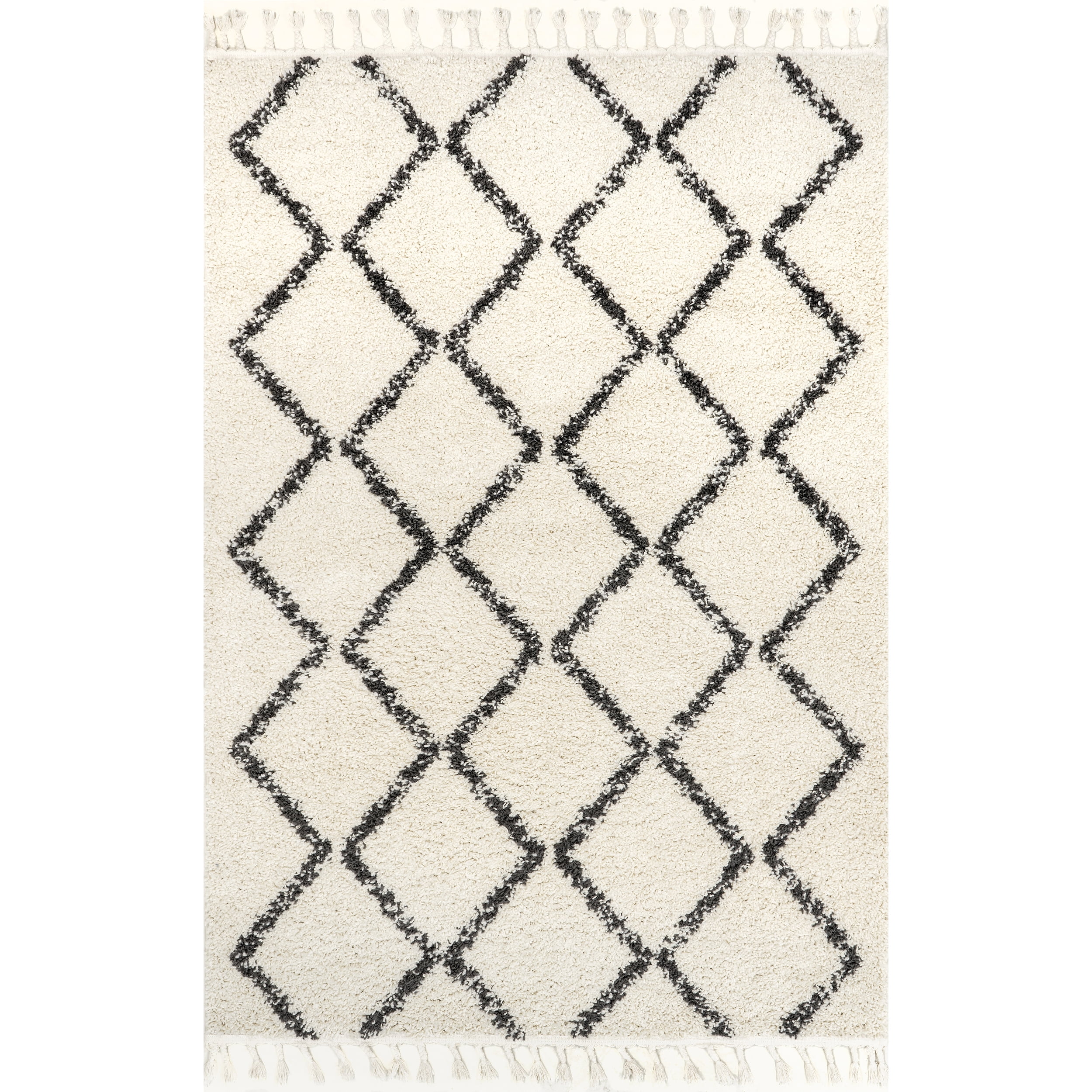 Ivory Diamond Trellis Shag Area Rug with Tassels, 2' x 3'