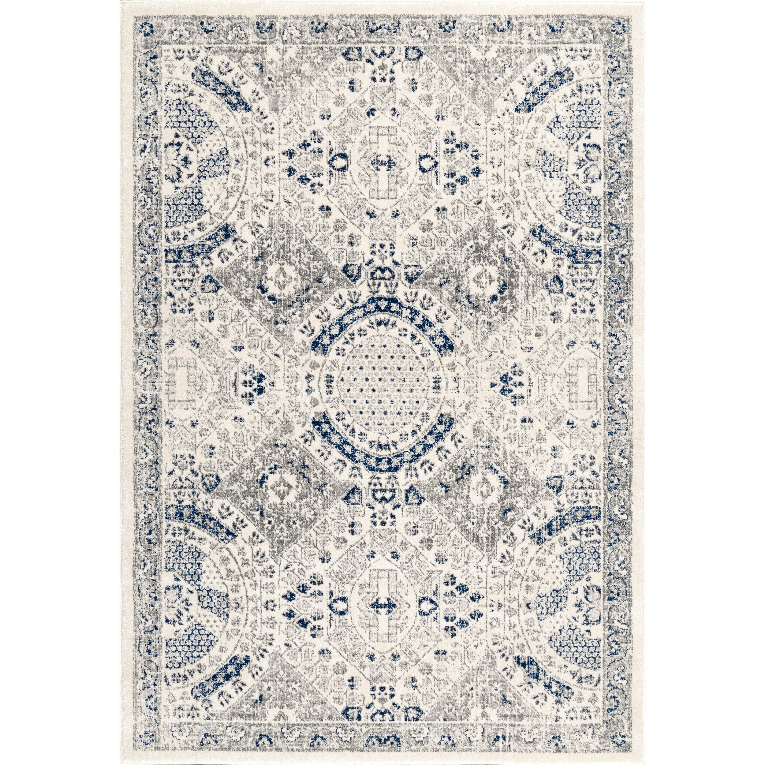 Blue and White Reversible Synthetic 4' x 6' Area Rug