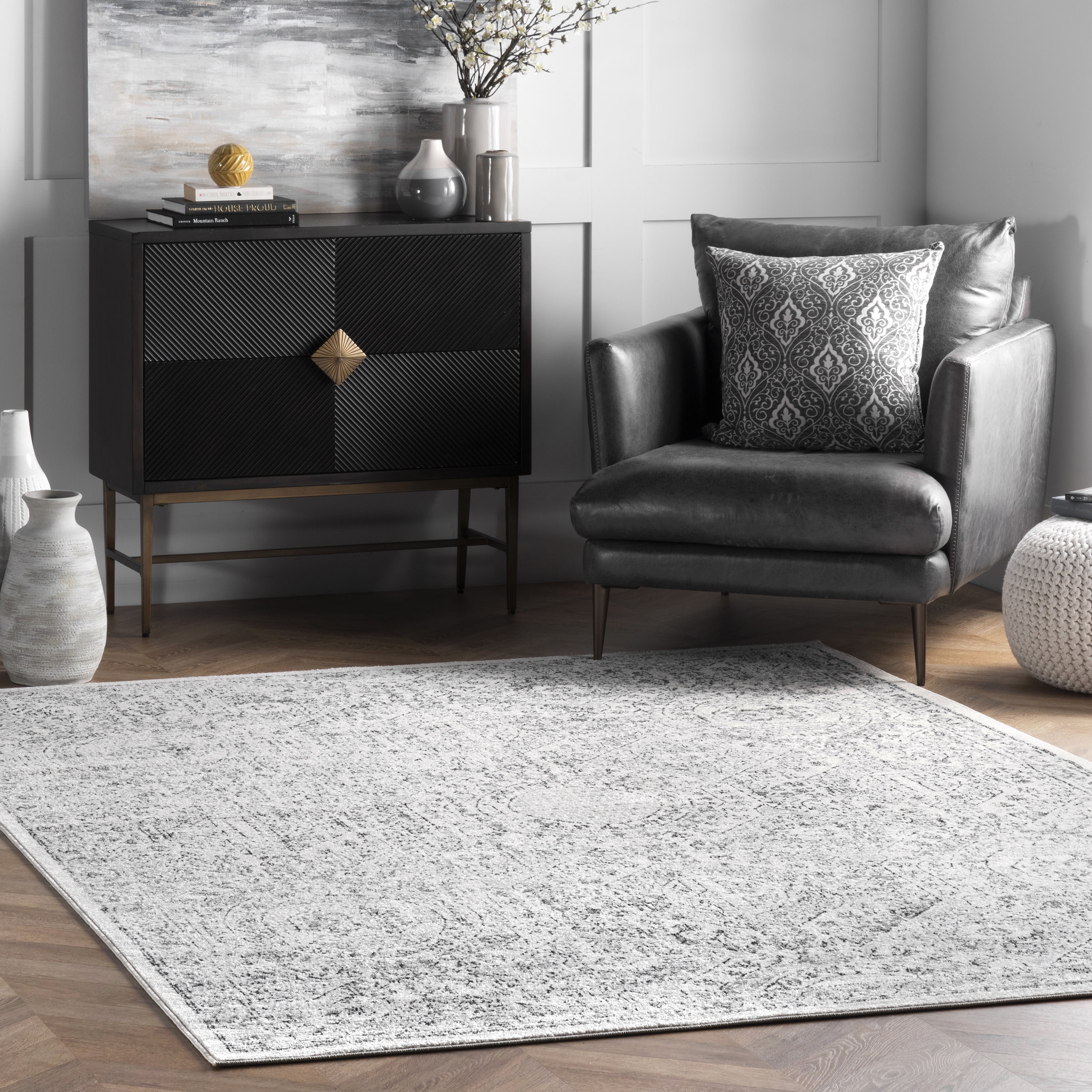Gray 6' x 9' Synthetic Stain-Resistant Area Rug