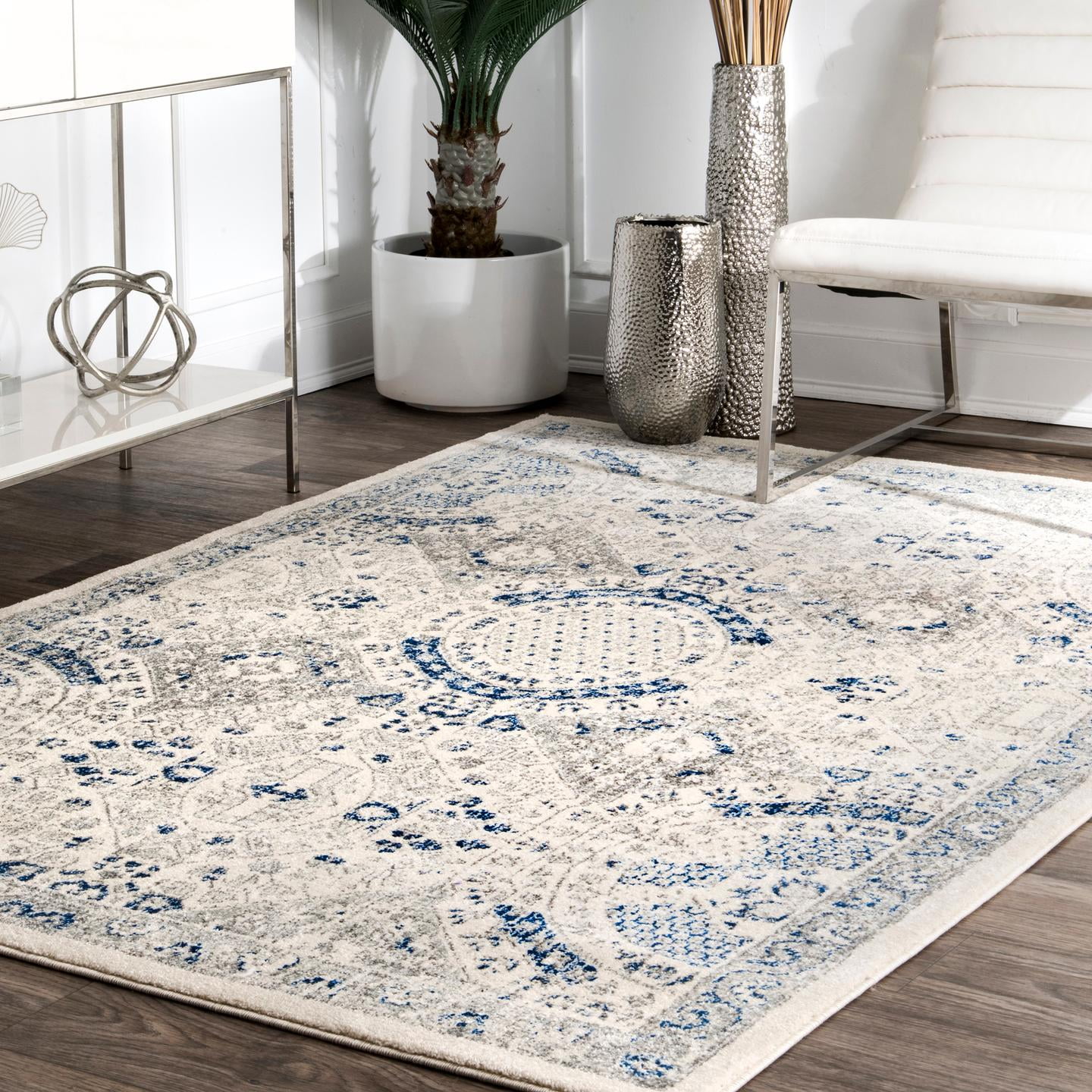 Minta Blue and Off-White Vintage Synthetic Area Rug