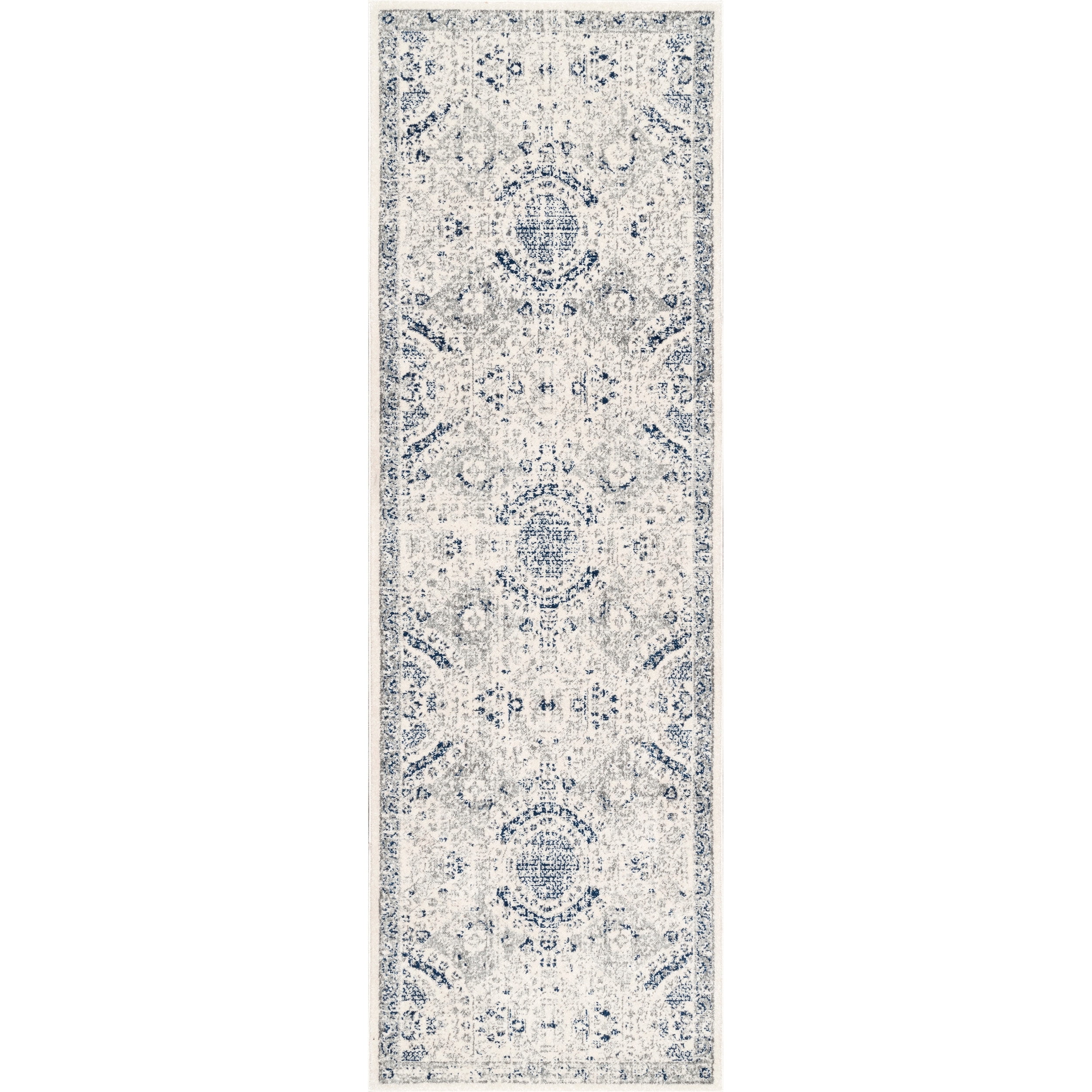 Blue and Gray Synthetic Reversible Vintage Runner Rug