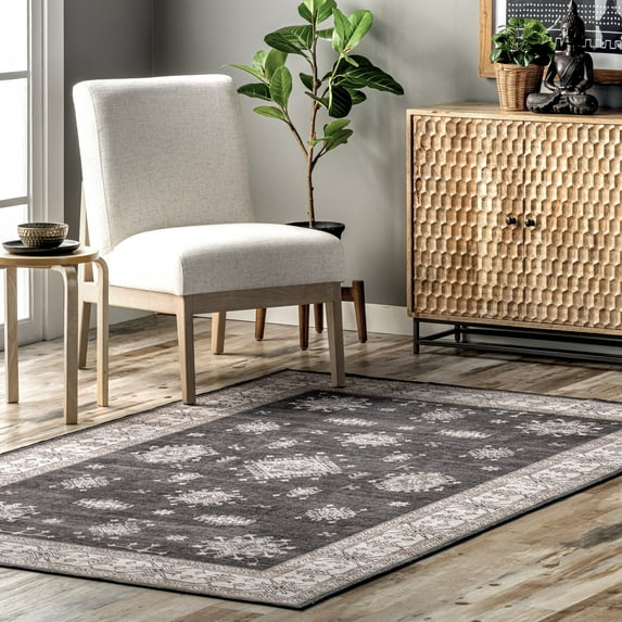 nuLOOM Mollie Machine Washable Traditional Border Area Rug, 3' x 5', Charcoal