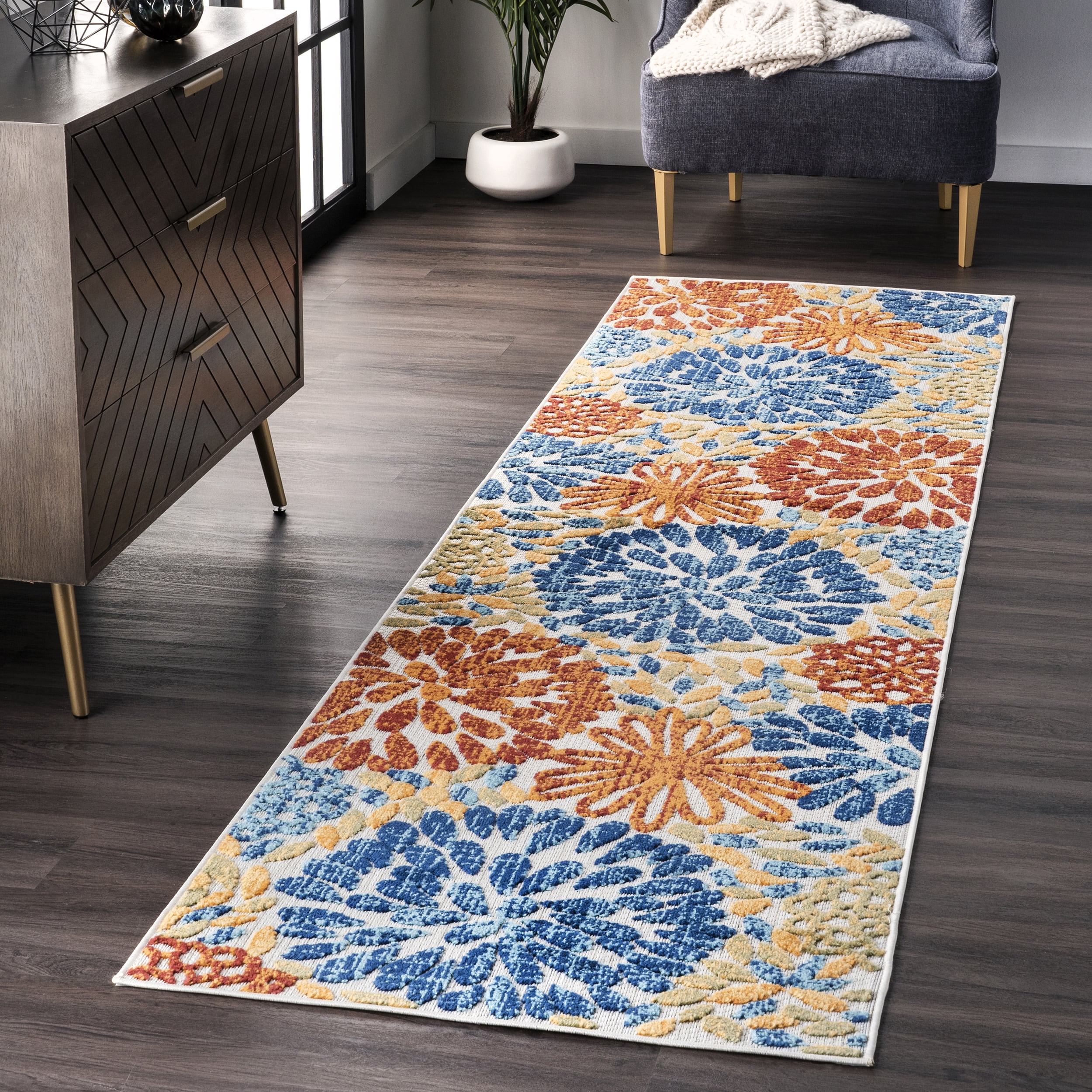 Blue Floral Synthetic Easy Care Indoor/Outdoor Area Rug