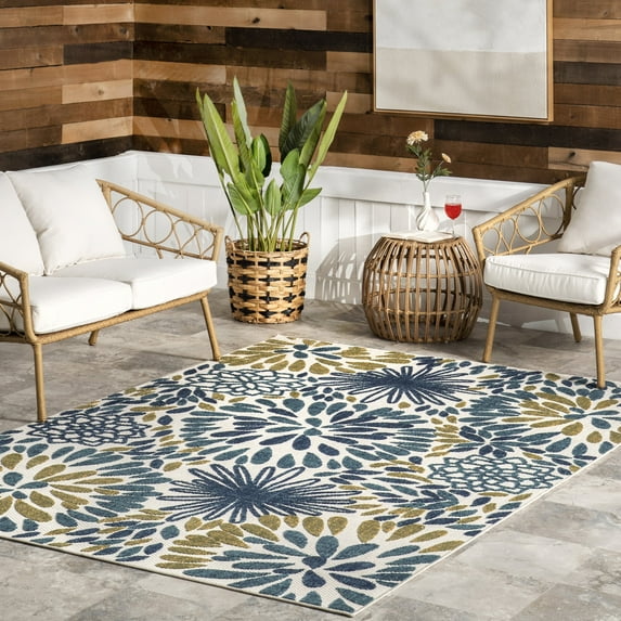 nuLOOM Monique Floral Indoor/Outdoor Teal 6' 7" x 9' Modern Area Rug
