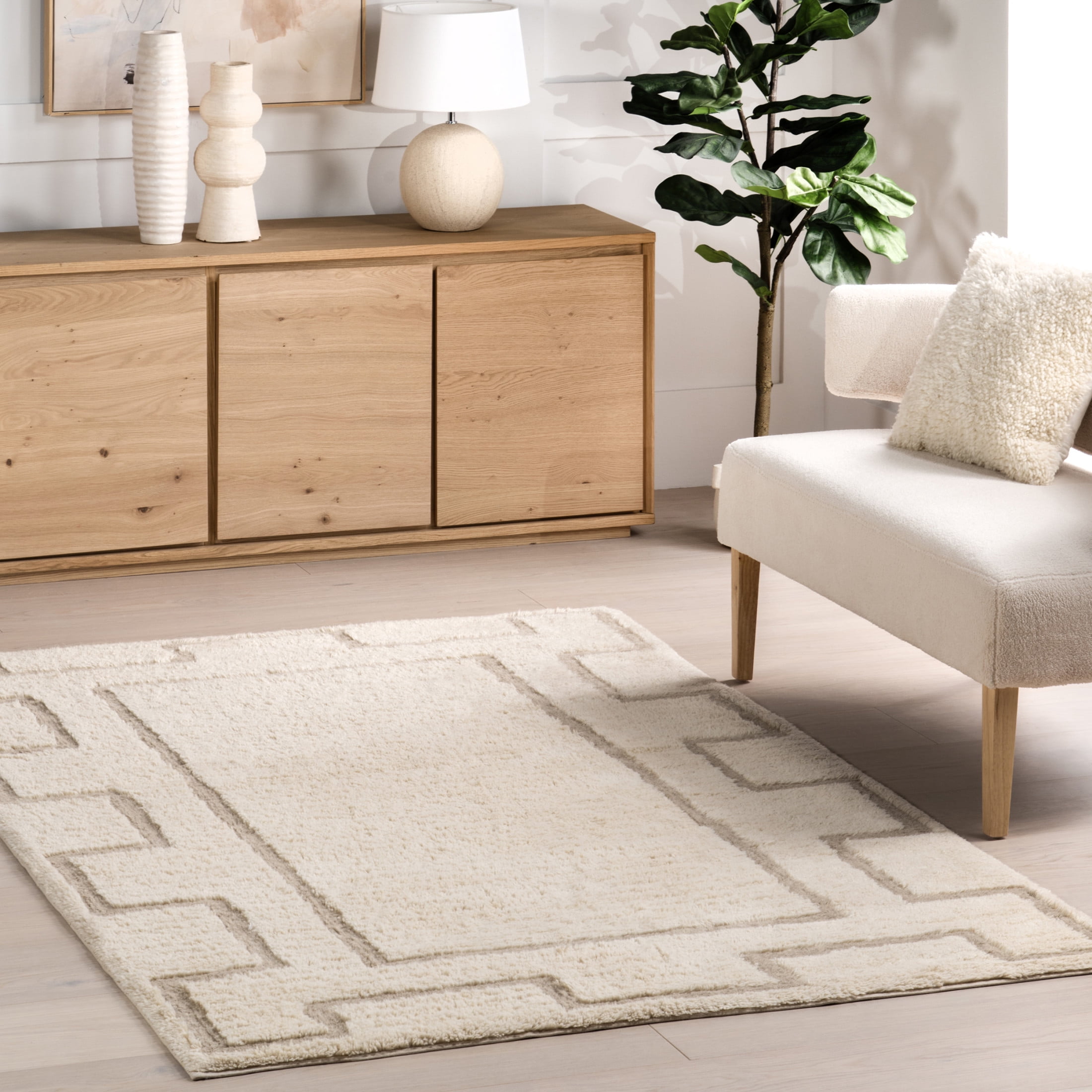 Ivory Geometric Wool Machine Washable Area Rug, 4' x 6'