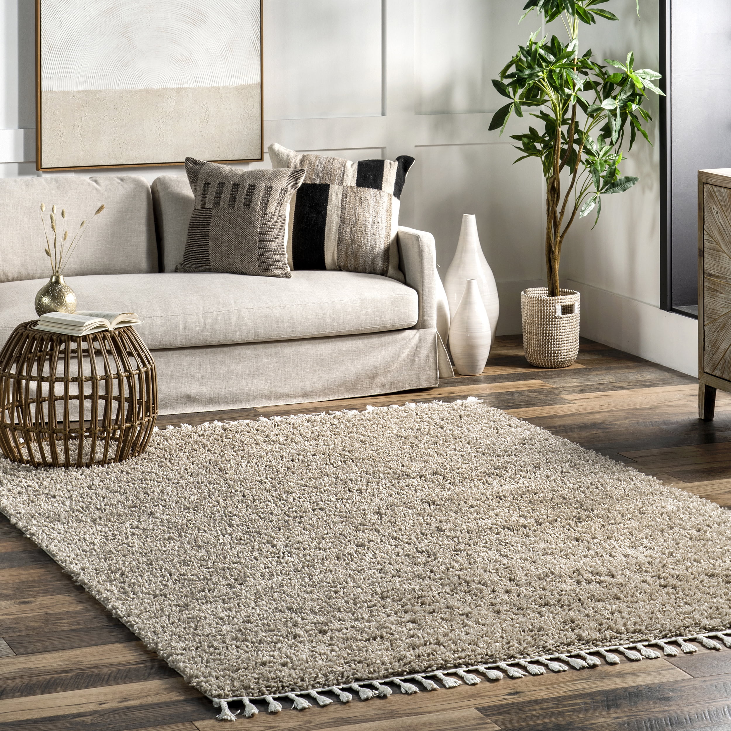 Braided Beige Rectangular Shag Area Rug with Tassels