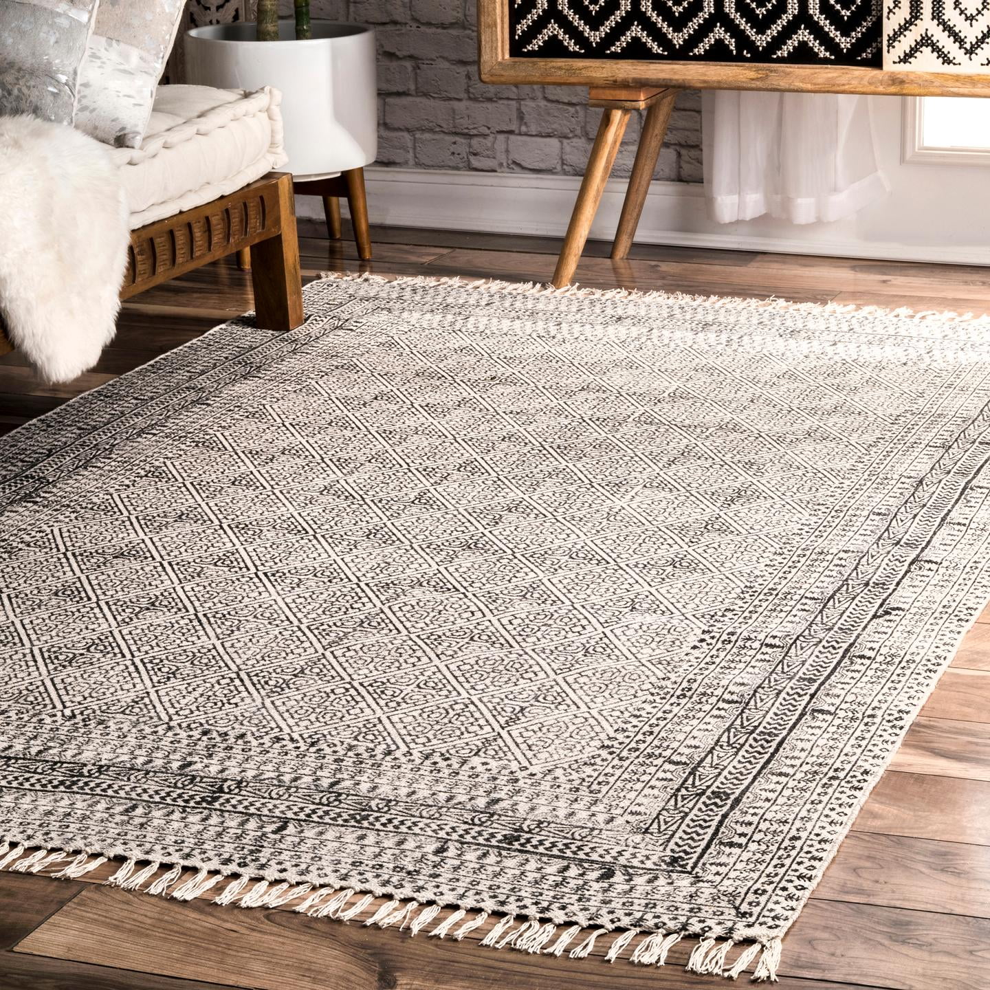 Ivory Cotton Flat Woven Trellis 4' x 6' Area Rug