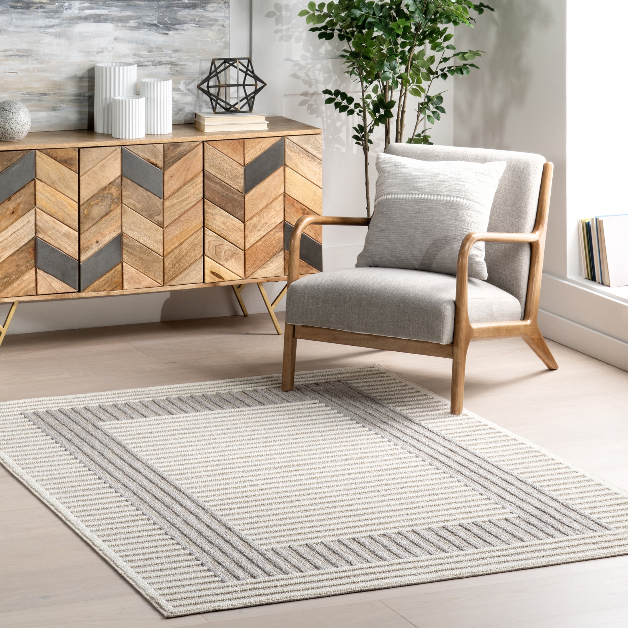 Nicka Light Grey and Cream Striped Synthetic Washable Area Rug
