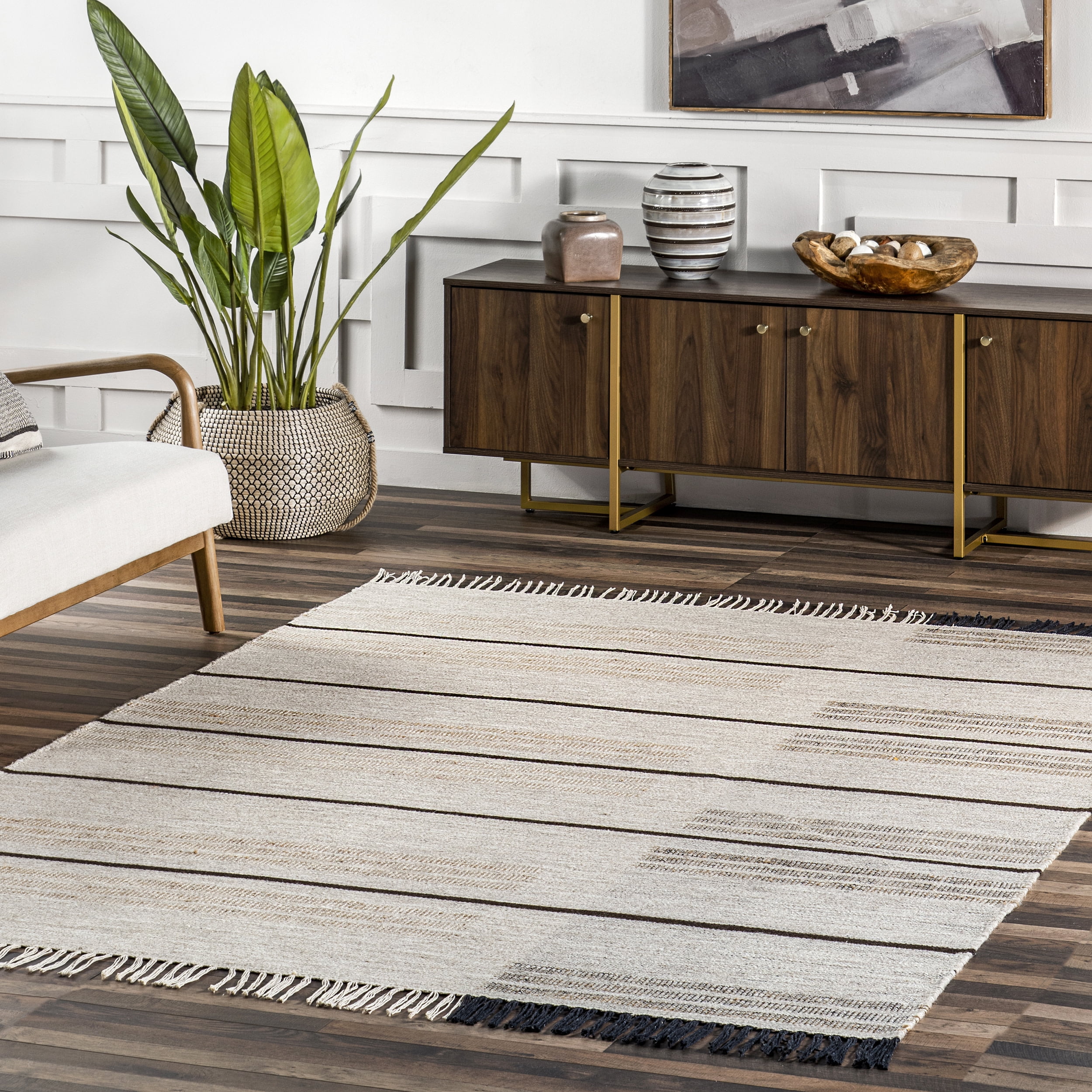 Nicky Beige and Gray Striped Wool Cotton Area Rug 4' x 6'