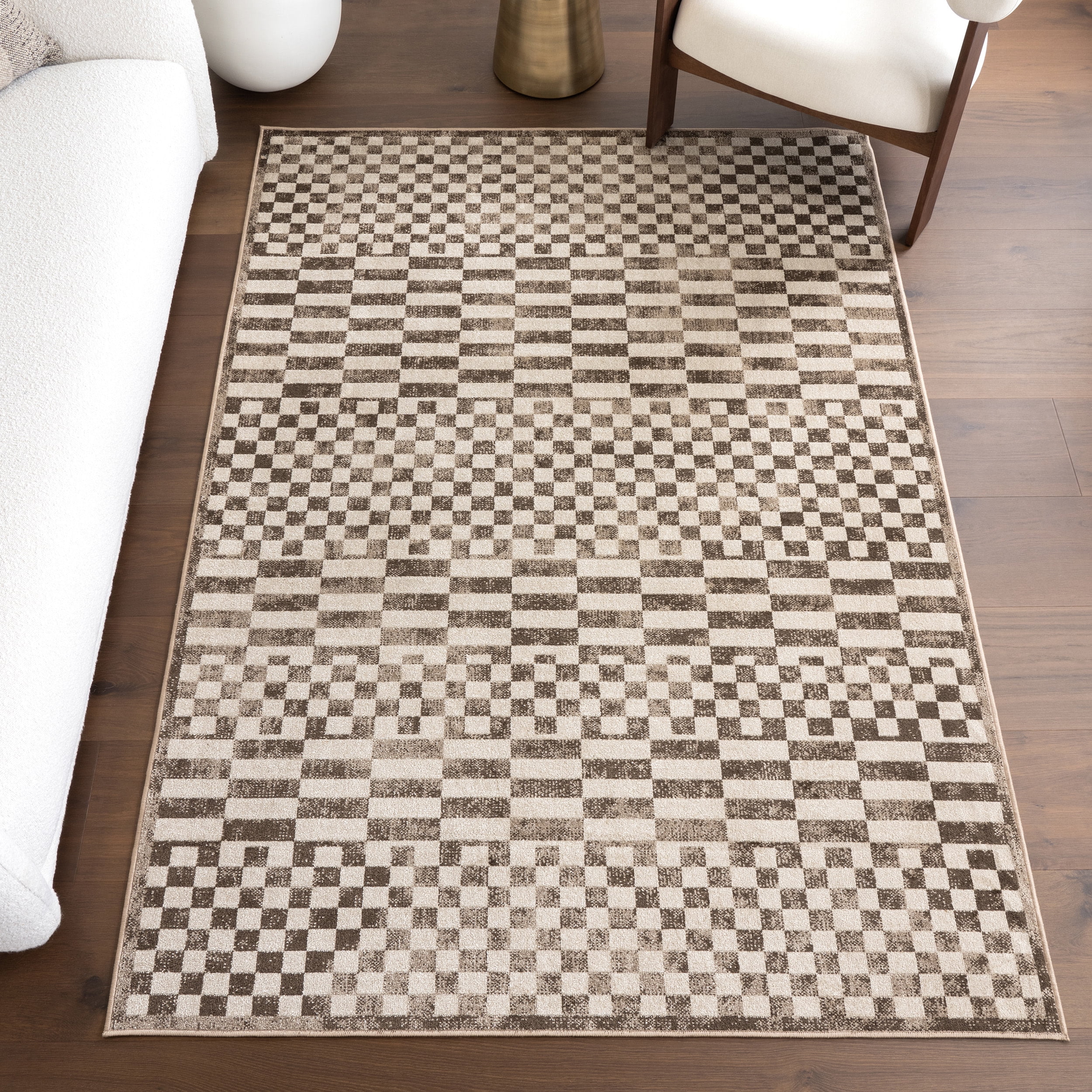 Brown Geometric 9' x 12' Washable Synthetic Area Rug
