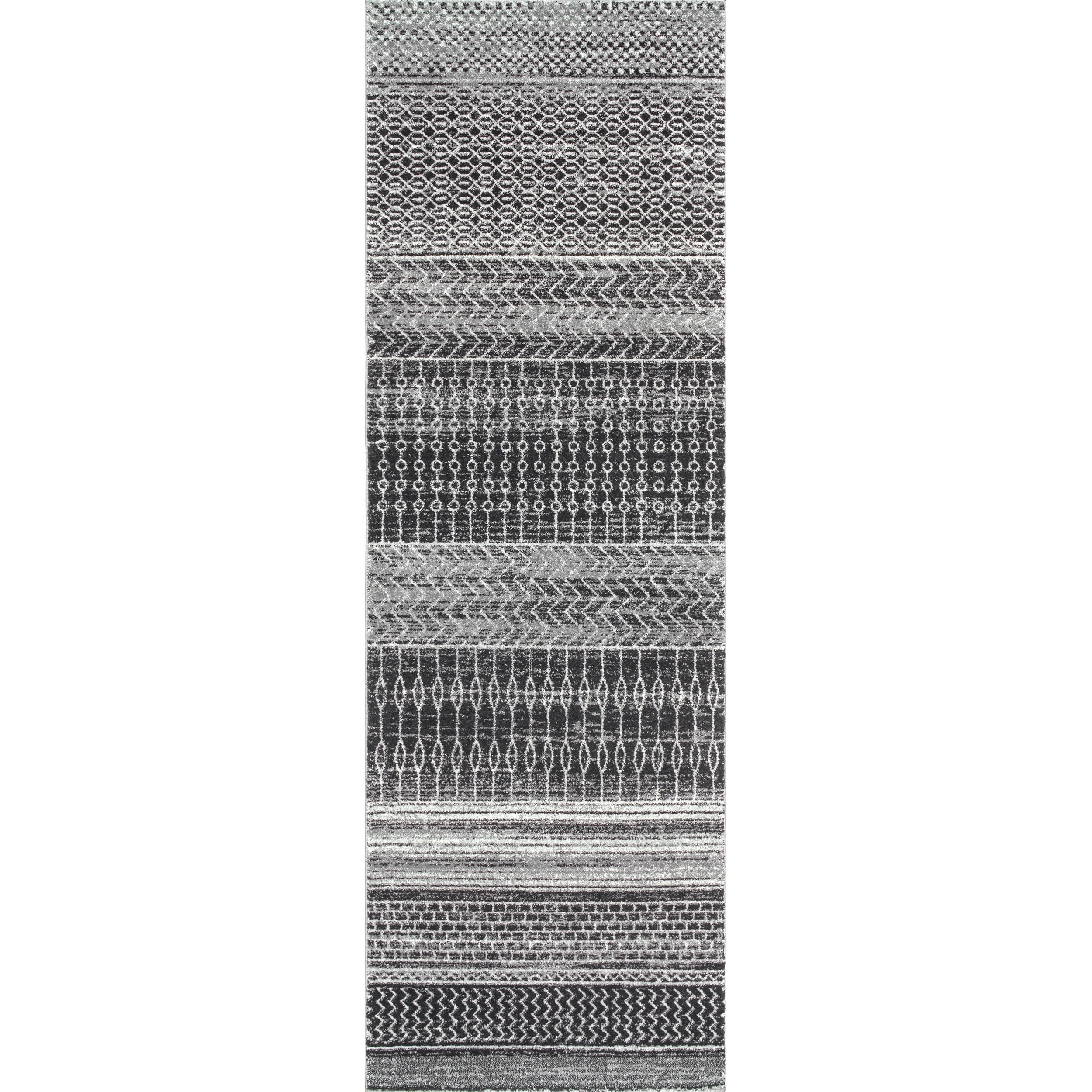 Nova Bohemian Dark Gray Striped Synthetic Runner Rug, 2'6" x 14'