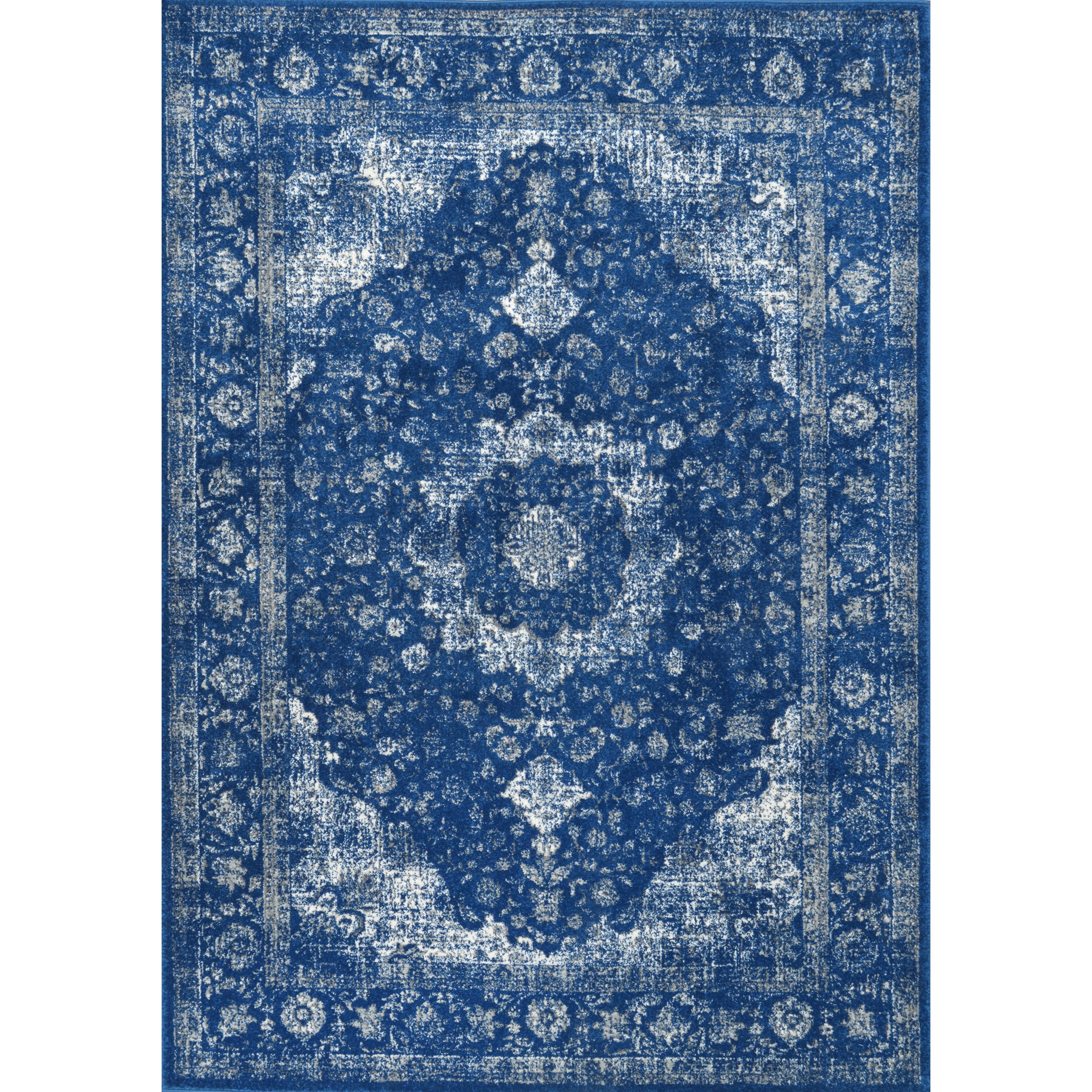 Dark Blue Medallion Synthetic Square Area Rug 8' x 8'