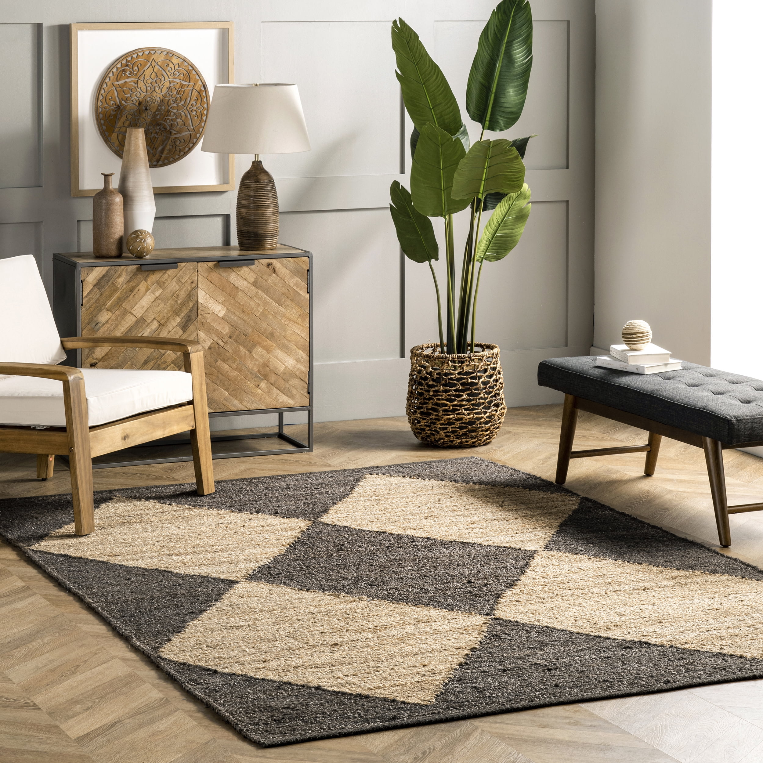 Handmade Black and Beige Cotton Diamond Area Rug, 10' x 14'
