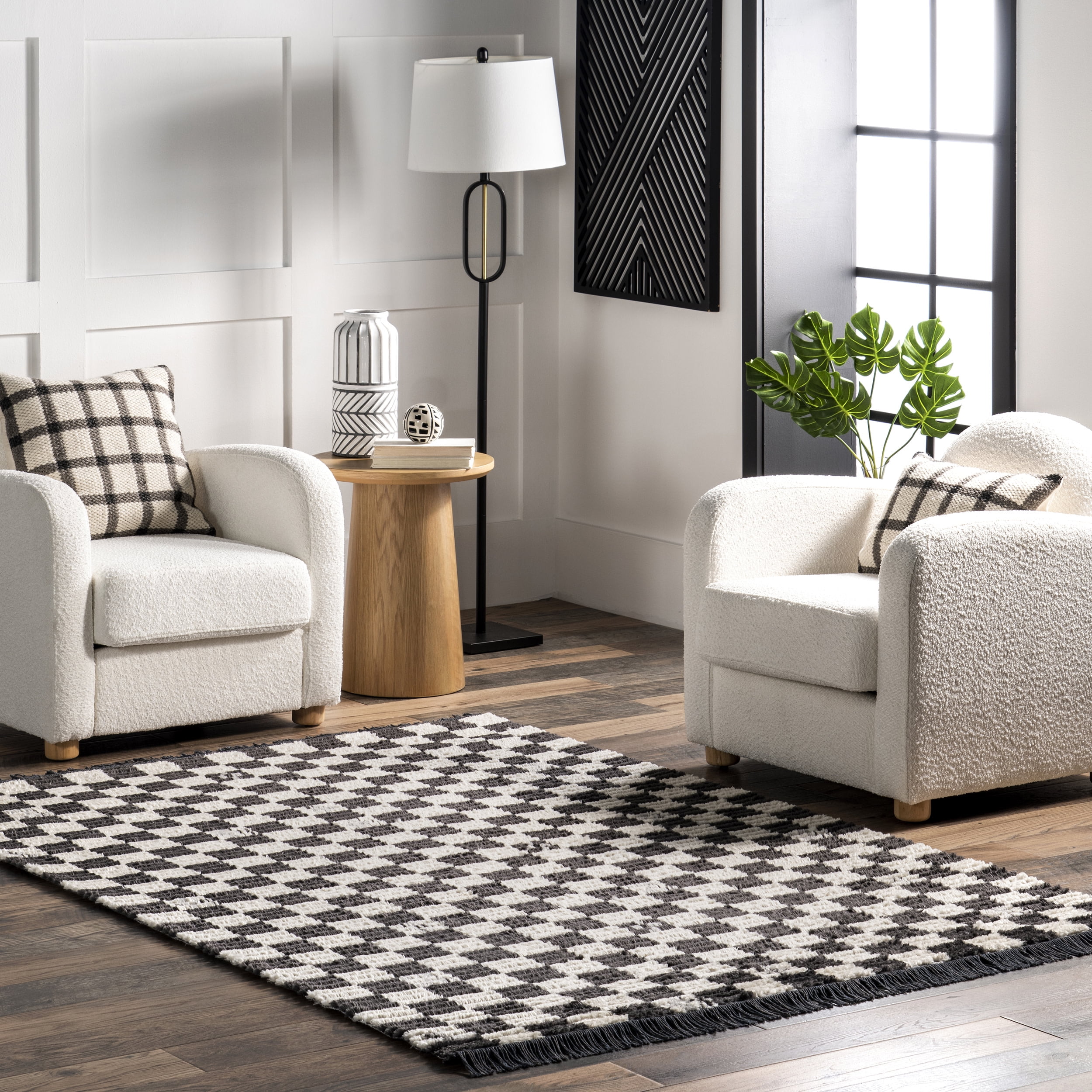 Pania Dark Gray and White Geometric Synthetic 4' x 6' Area Rug