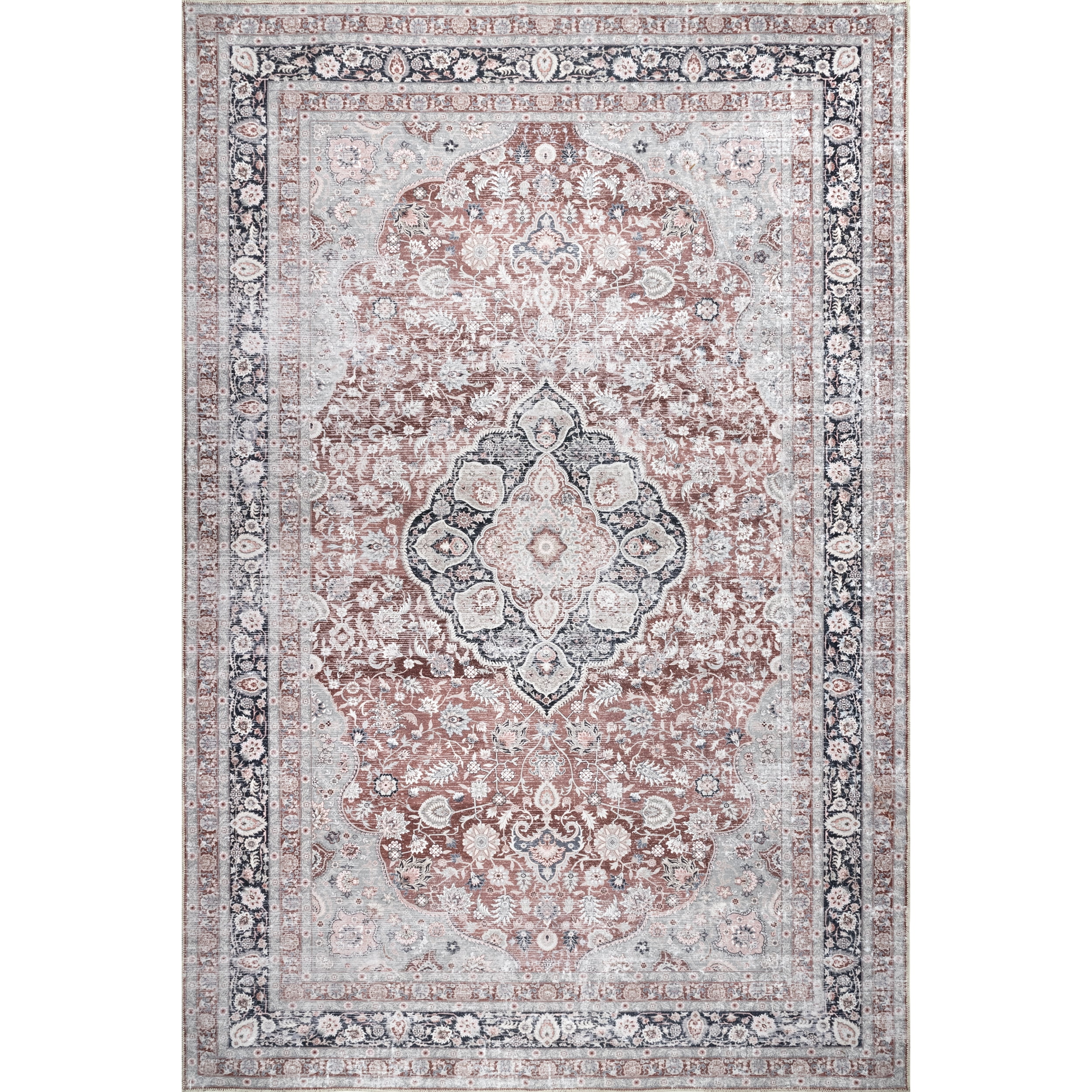 Red and Beige Synthetic 4' x 6' Washable Rectangular Area Rug