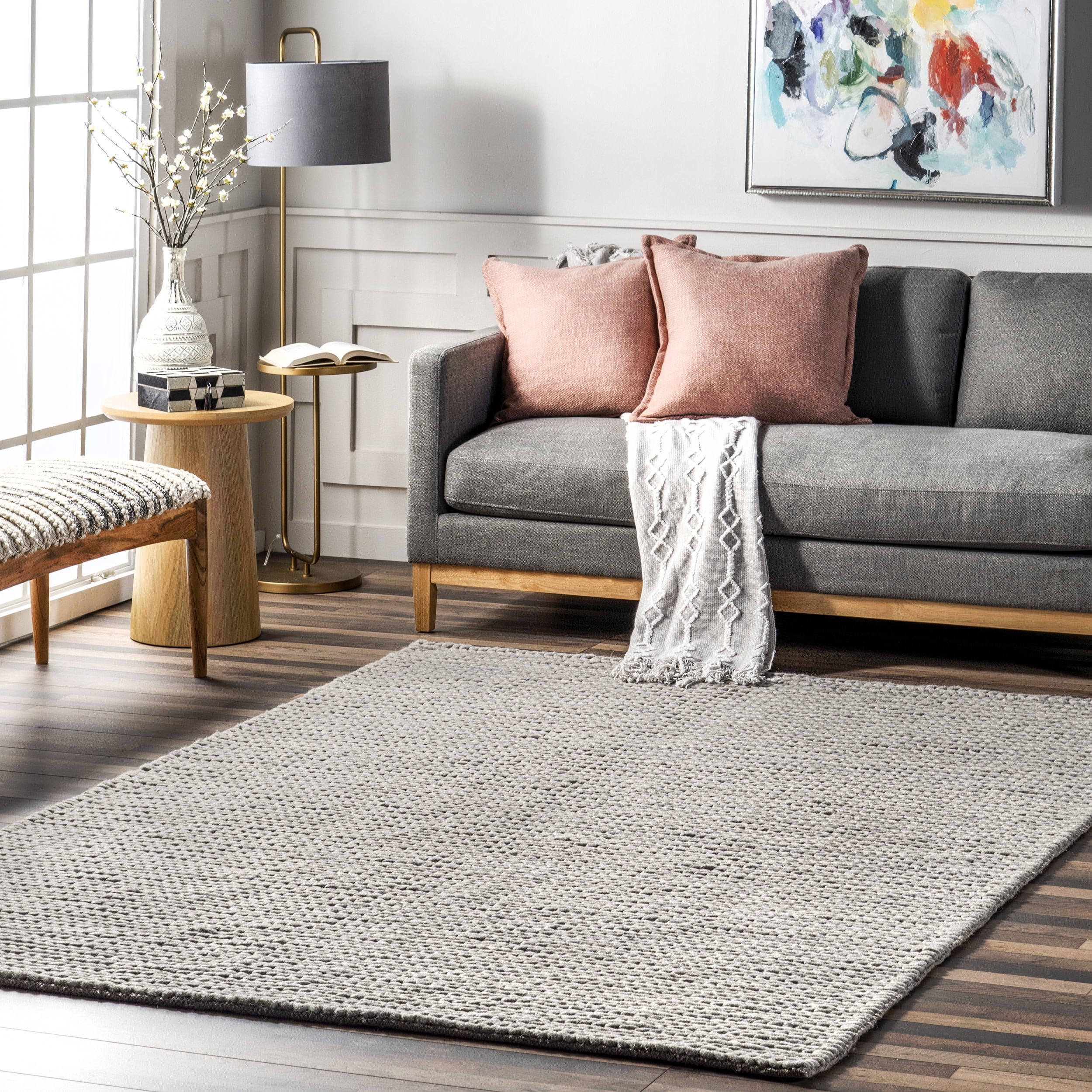 Light Gray Braided Wool Handmade Area Rug, 10' x 14'