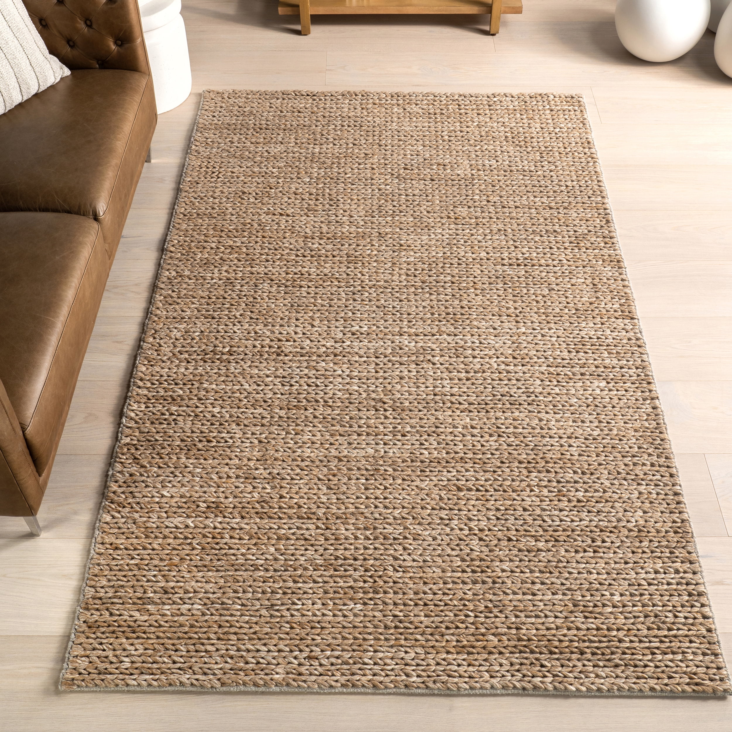Tan Braided Handmade Wool Runner Rug, 2' x 8'