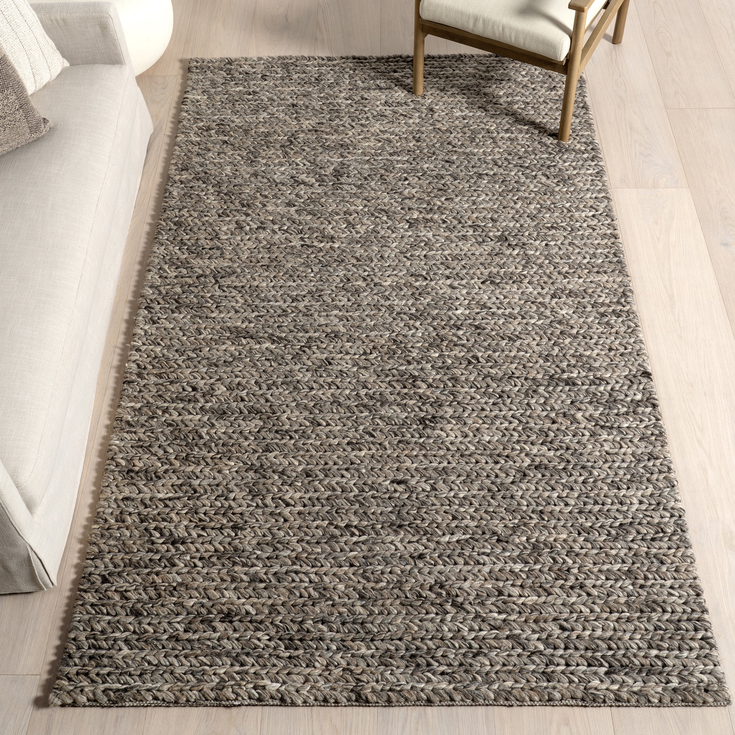 Gray Braided Wool and Cotton Handmade Area Rug 4x6