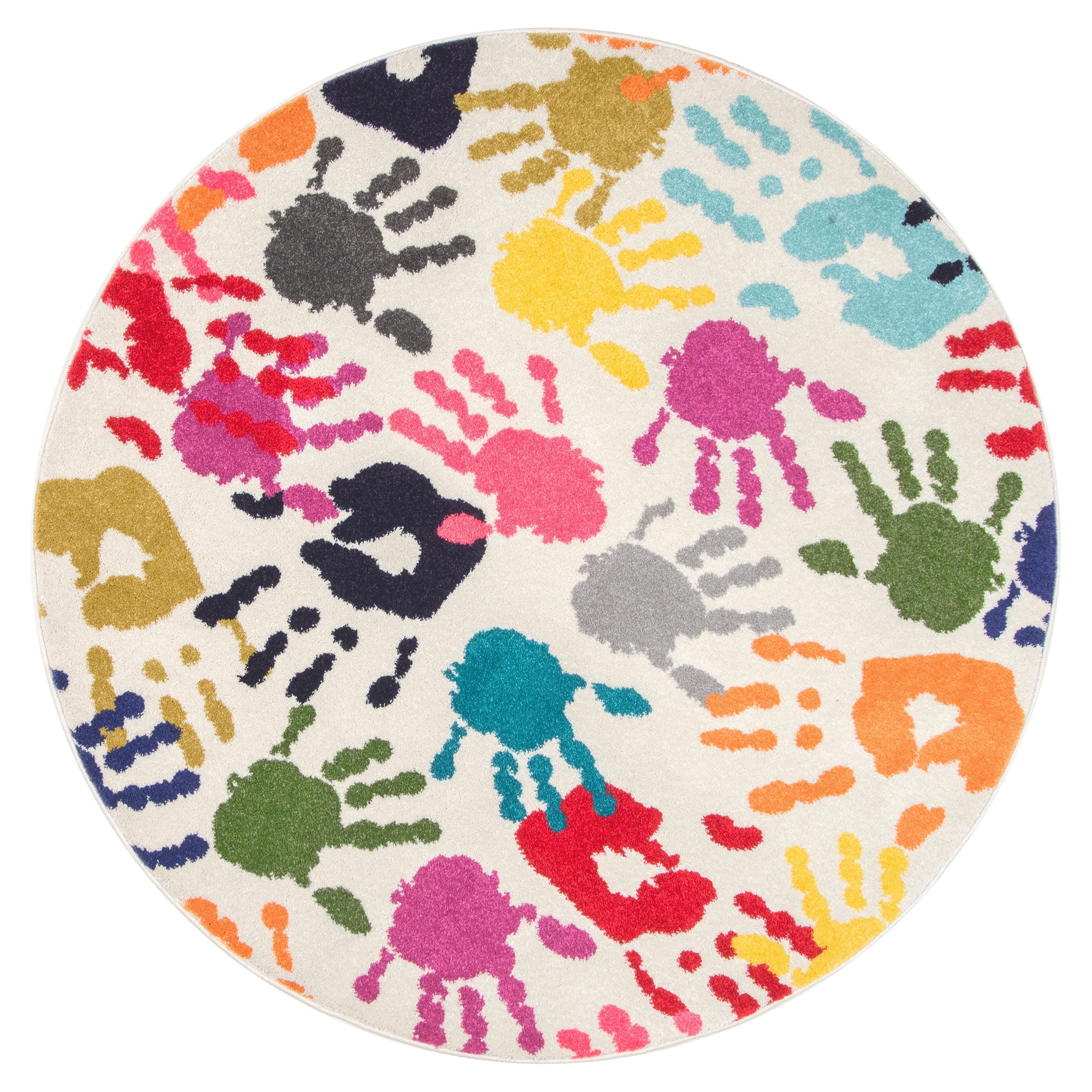 Multicolor Handprint Round Synthetic Kids Rug