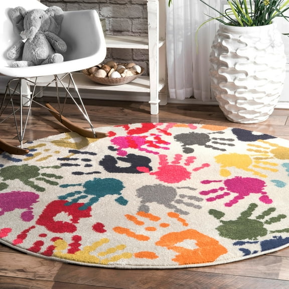 nuLOOM Pinkie Handprint Kids Area Rug, 5', Round, Pinkie Multicolor