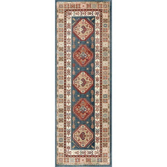 nuLOOM Qiana Emblem Fringe Runner Rug, 2' 6" x 8', Blue