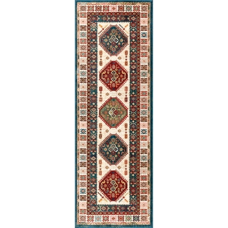 nuLOOM Qiana Emblem Fringe Runner Rug, 2' 6" x 8', Ivory