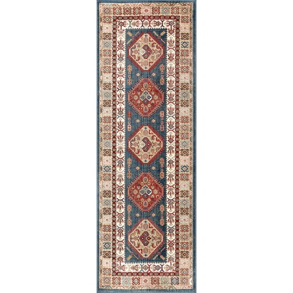 nuLOOM Qiana Emblem Fringe Runner Rug, 2' 8" x 8', Blue