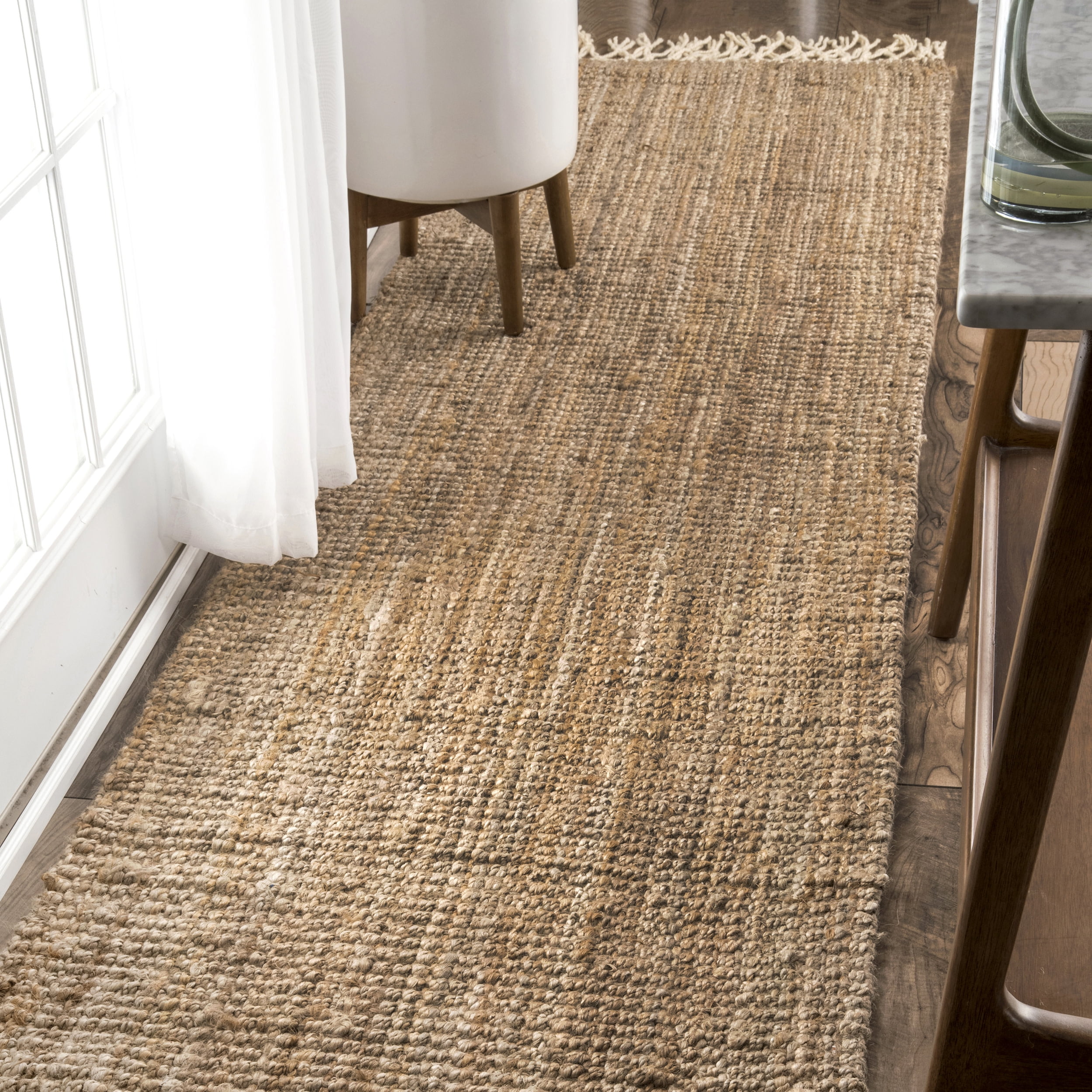 Natural Hand-Woven Jute and Wool Runner Rug with Tassels