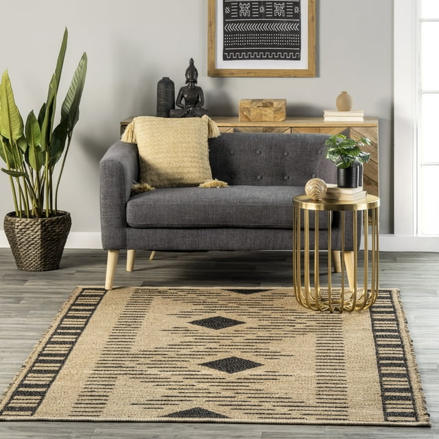 nuLOOM Ranae Tribal Zigzag Bordered Jute Area Rug, 5' x 8', Natural