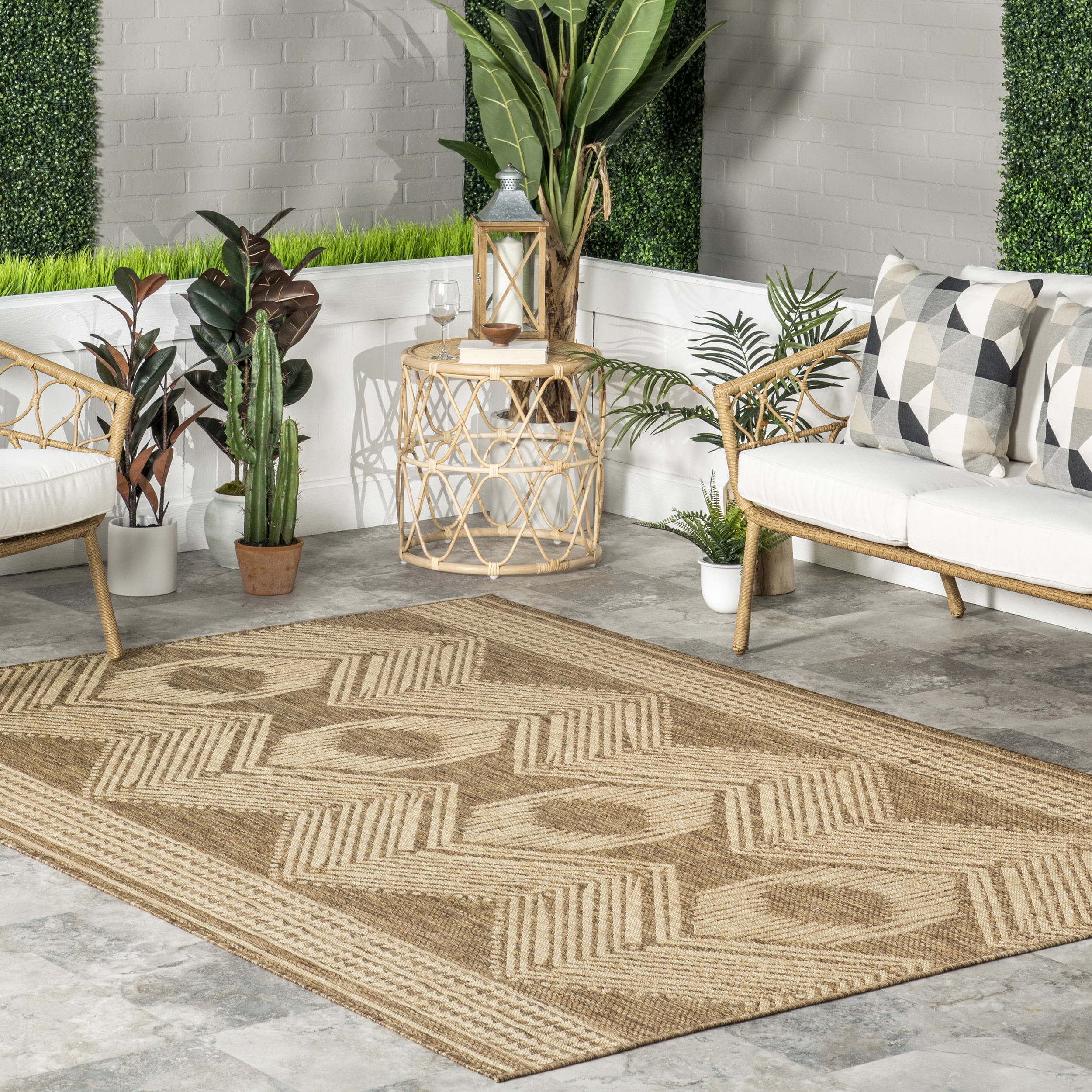 Tribal Geometric Light Brown Indoor/Outdoor Area Rug 7x9