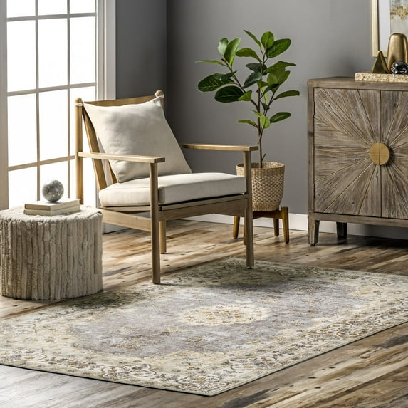 nuLOOM Ren Vintage Floral Machine Washable Area Rug, 5' x 8', Light Gray