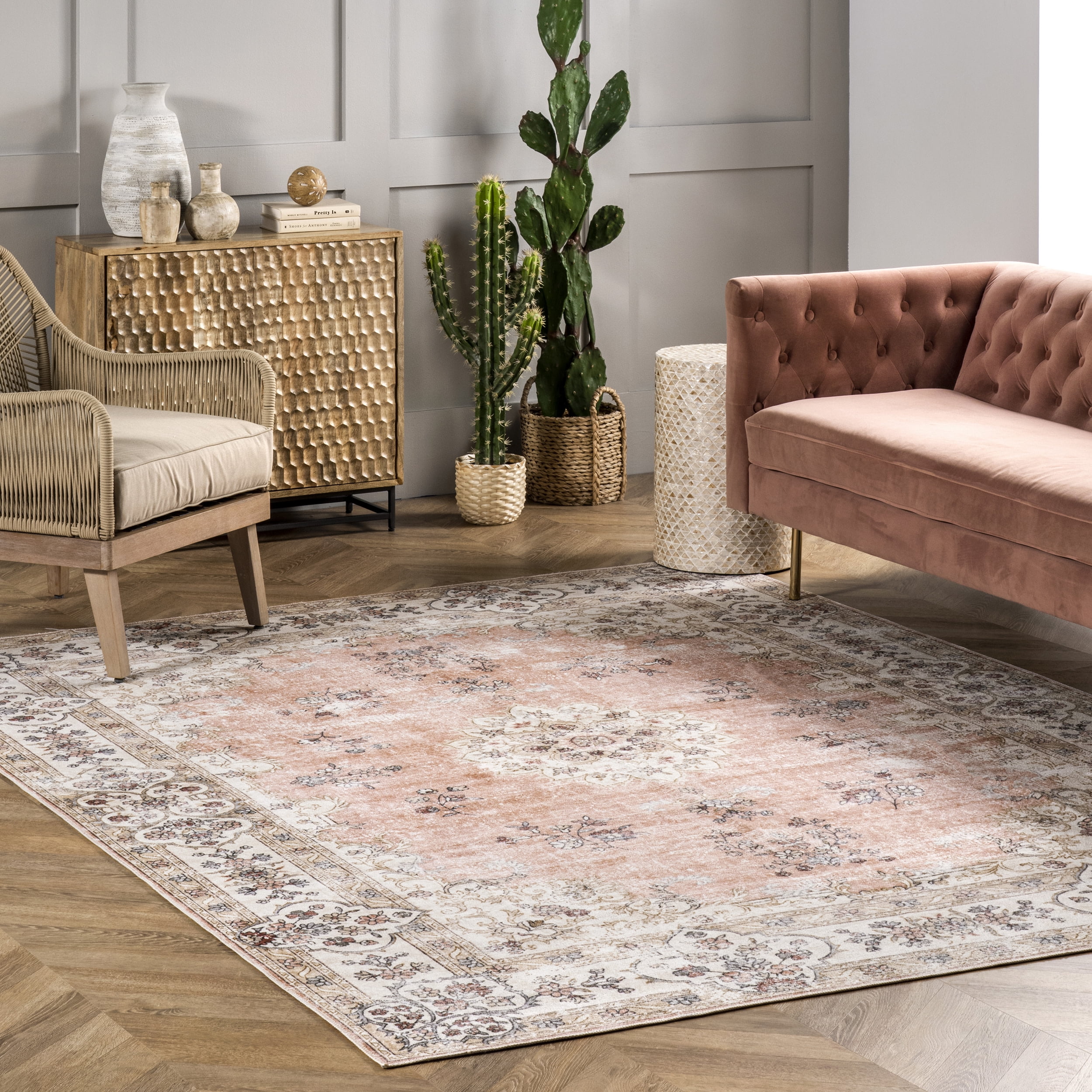 Ivory Floral Synthetic Washable Rectangular Area Rug