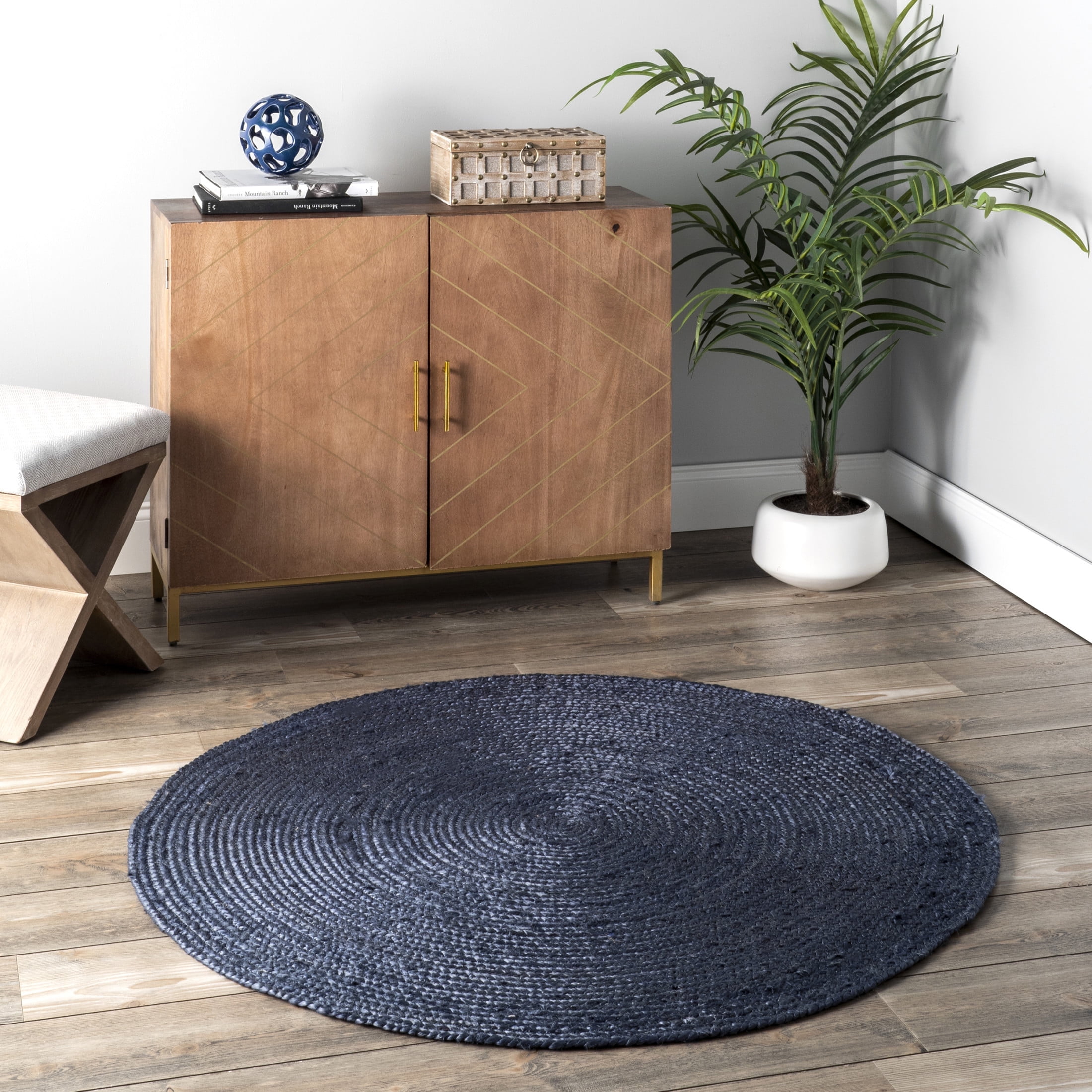 Handmade Navy Round Jute Area Rug, 4'