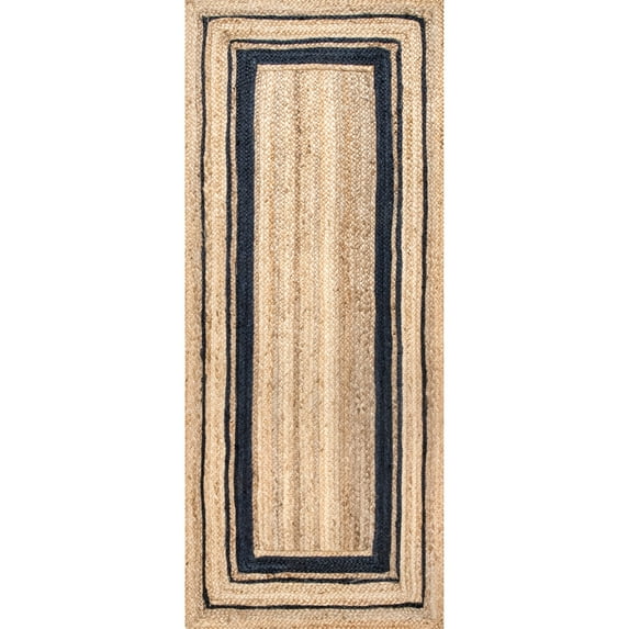 nuLOOM Rikki Braided Border Jute Runner Rug, 2' 6" x 10', Navy