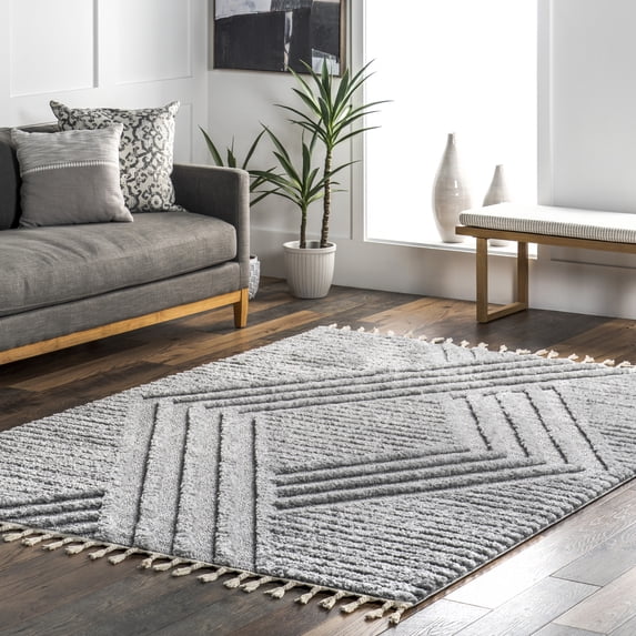 nuLOOM Risette Geometric Shag Tassel Area Rug, 10' x 14', Risette Light Grey