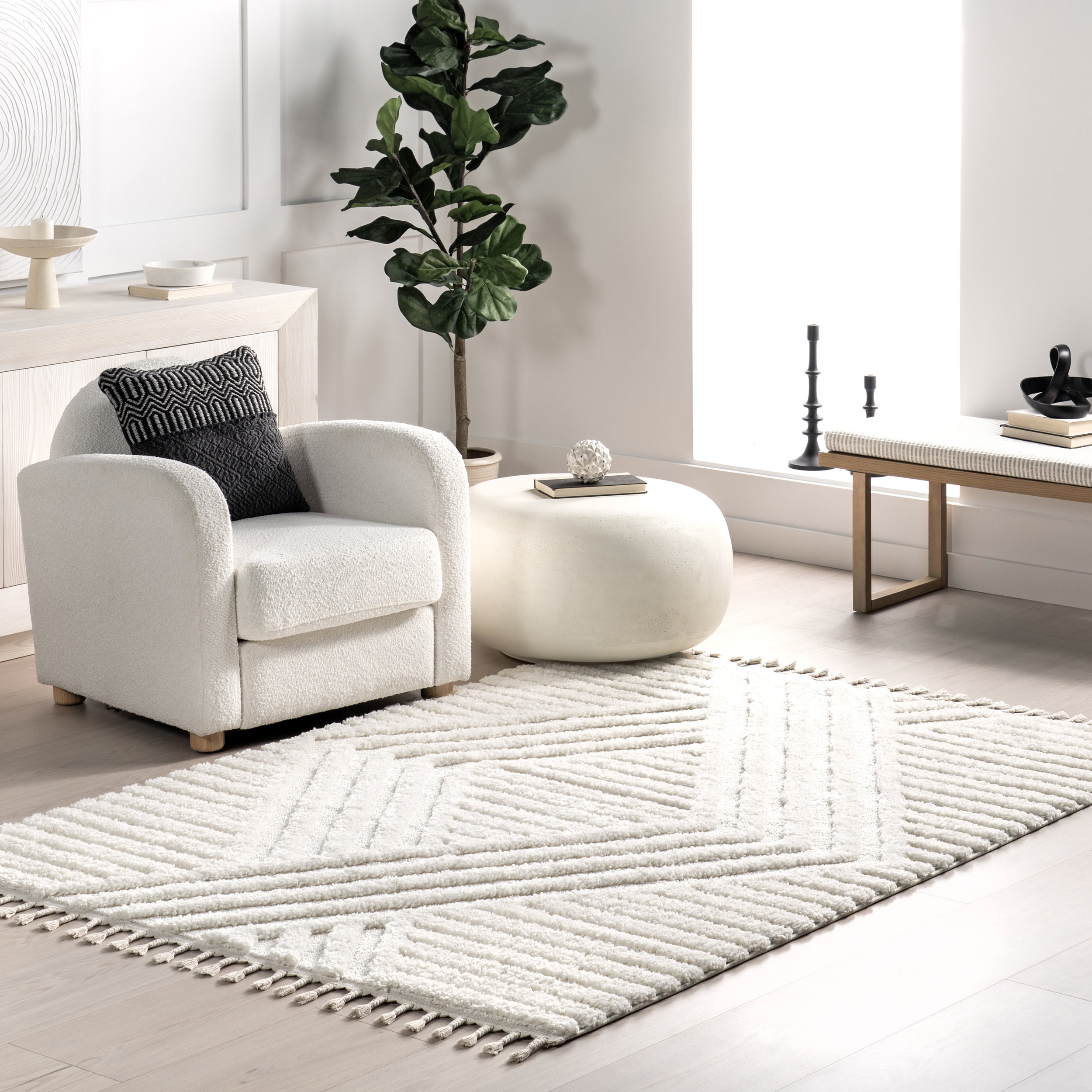 Risette Ivory Synthetic Shag Rectangular 3x5 Area Rug