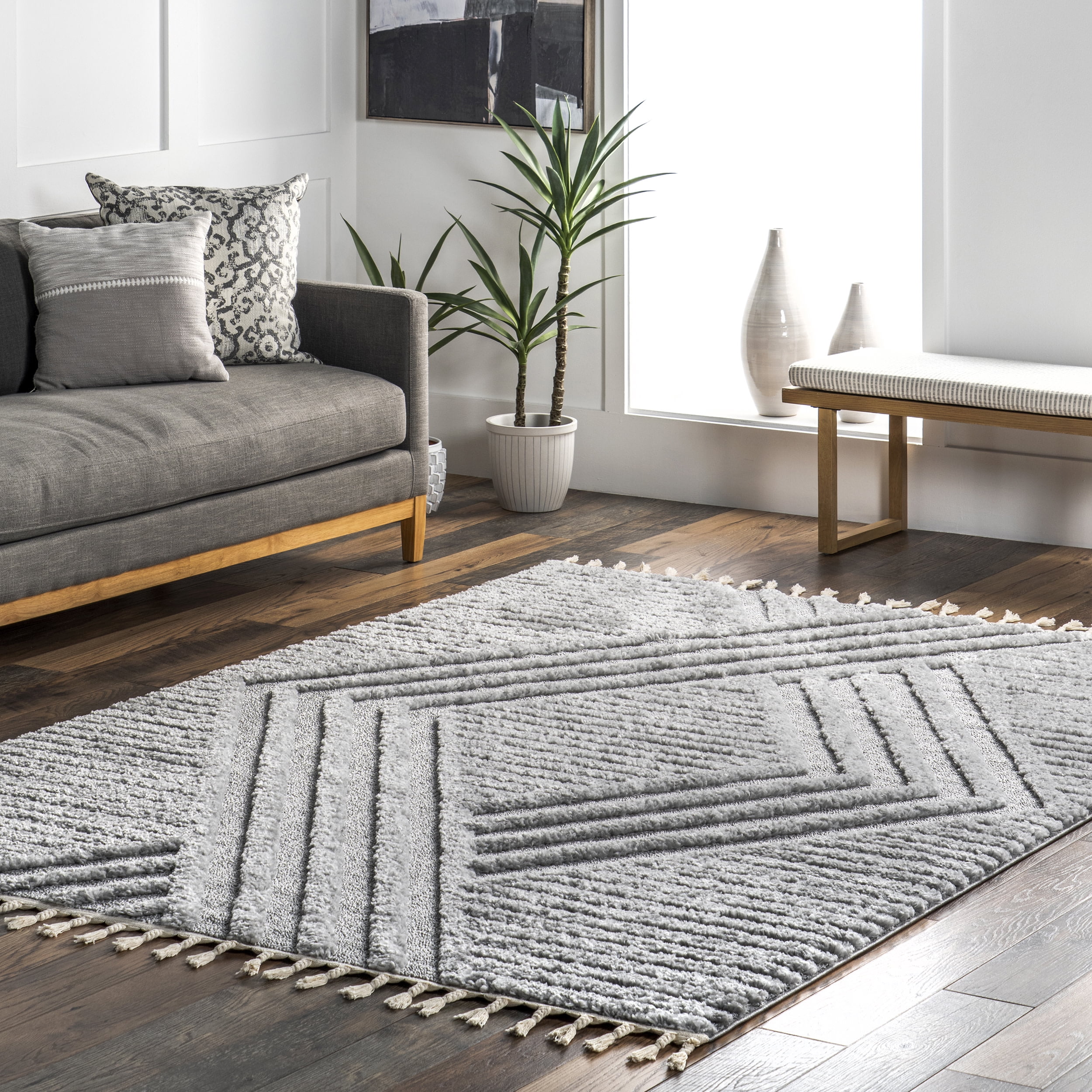 Light Grey Geometric Shag 8' x 10' Synthetic Area Rug