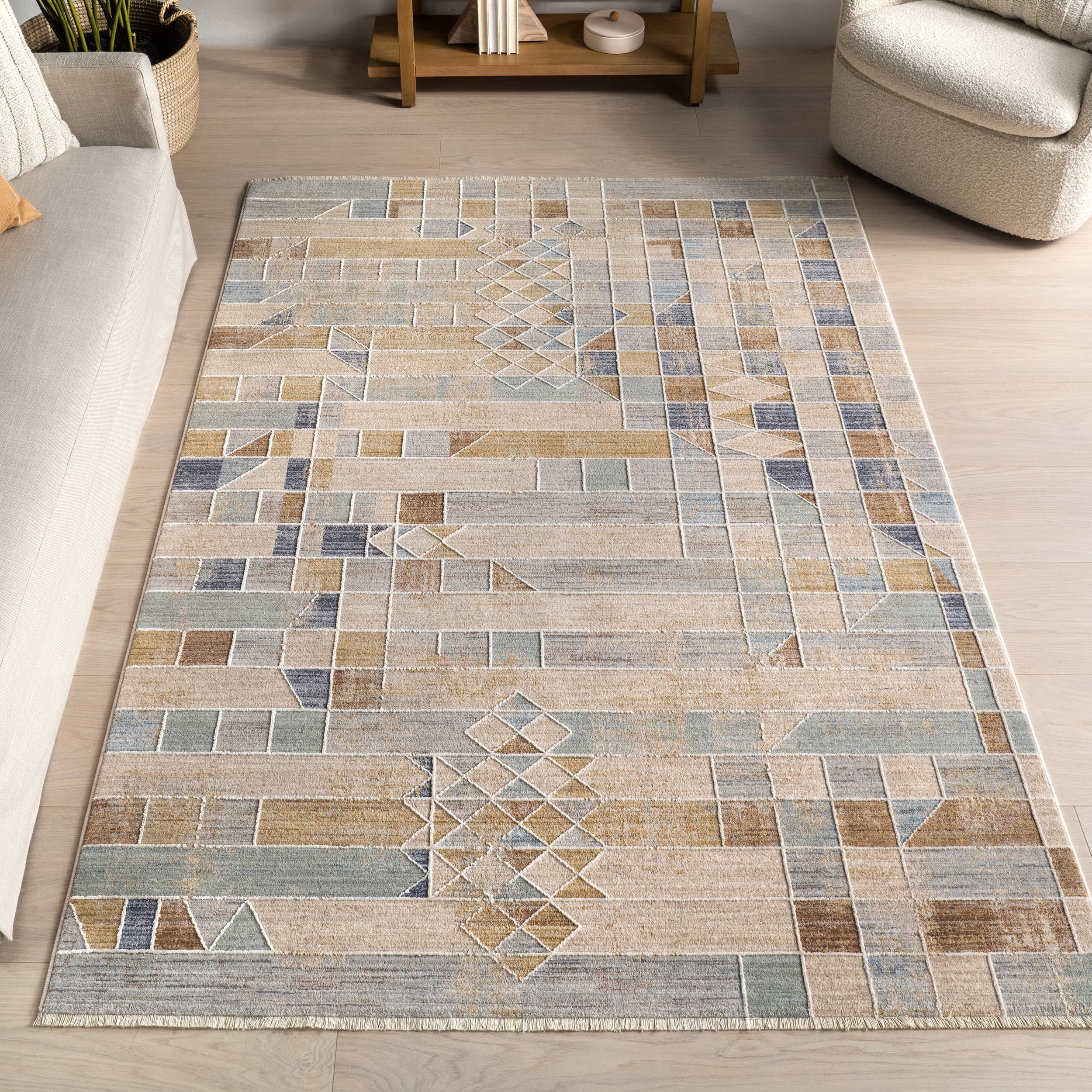 Beige and Blue Geometric 8' x 10' Synthetic Area Rug