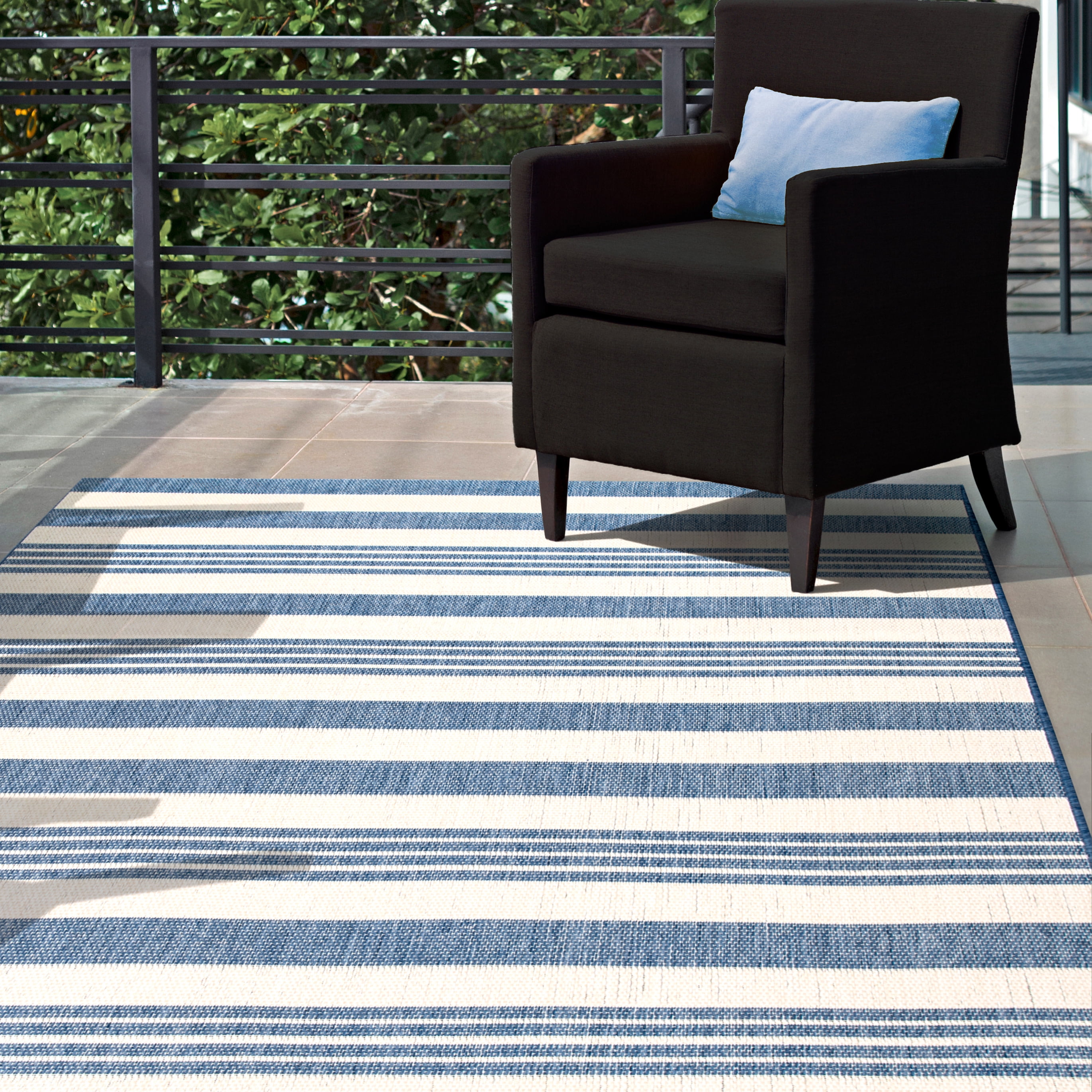 Blue and White Striped Synthetic Rectangular Indoor/Outdoor Rug