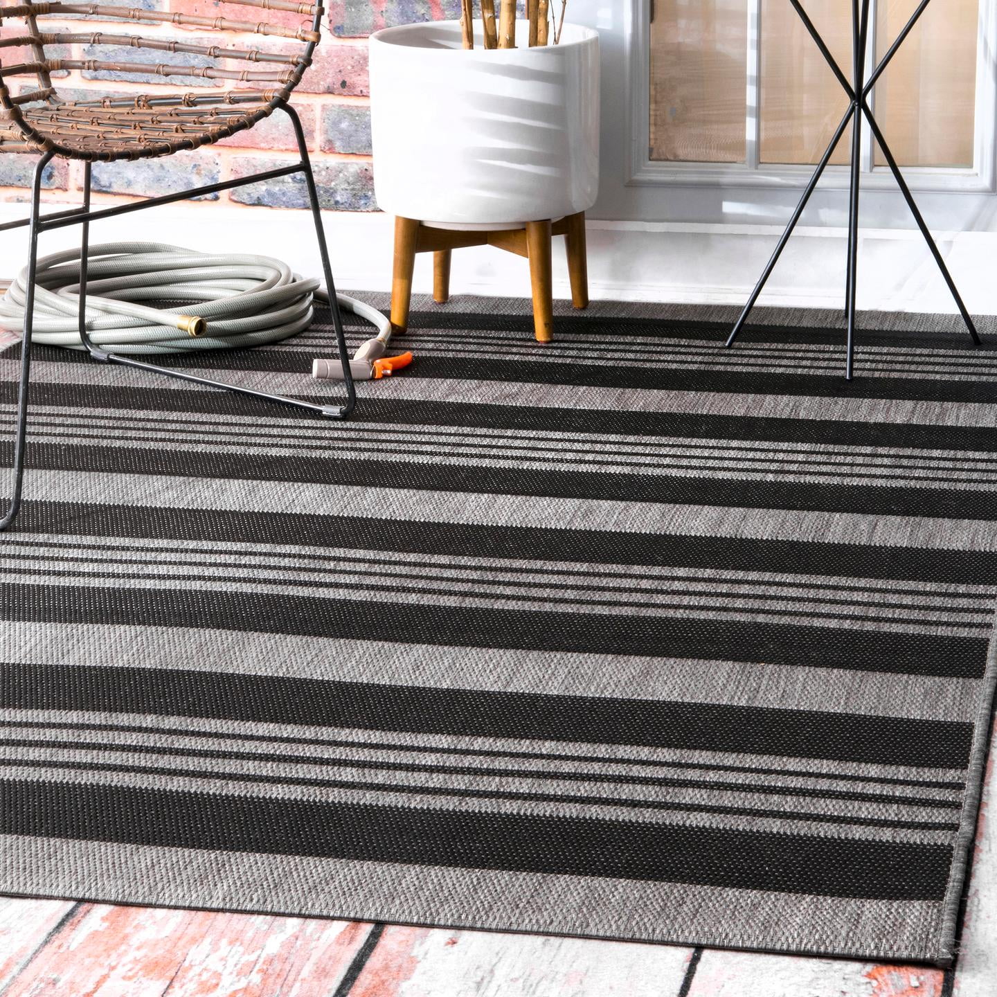 Easy Care Striped Gray Synthetic Square Area Rug