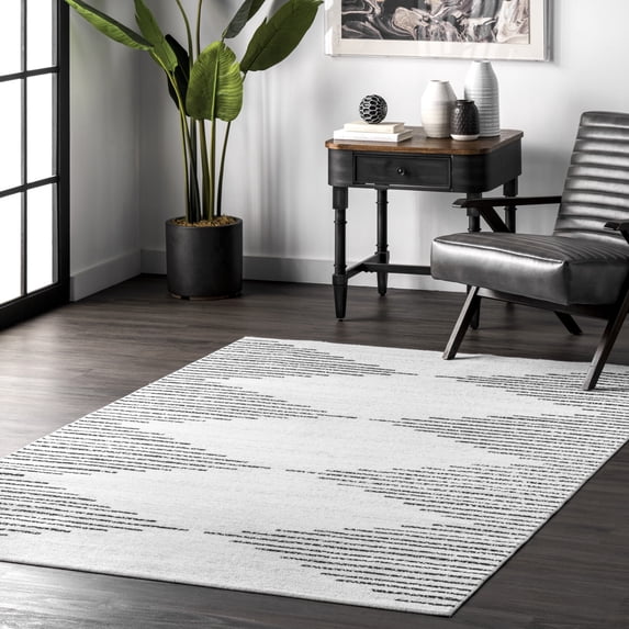 nuLOOM Romina SpinClean Machine Washable Diamond Stripes Area Rug, 6' x 6', Square, Romina White