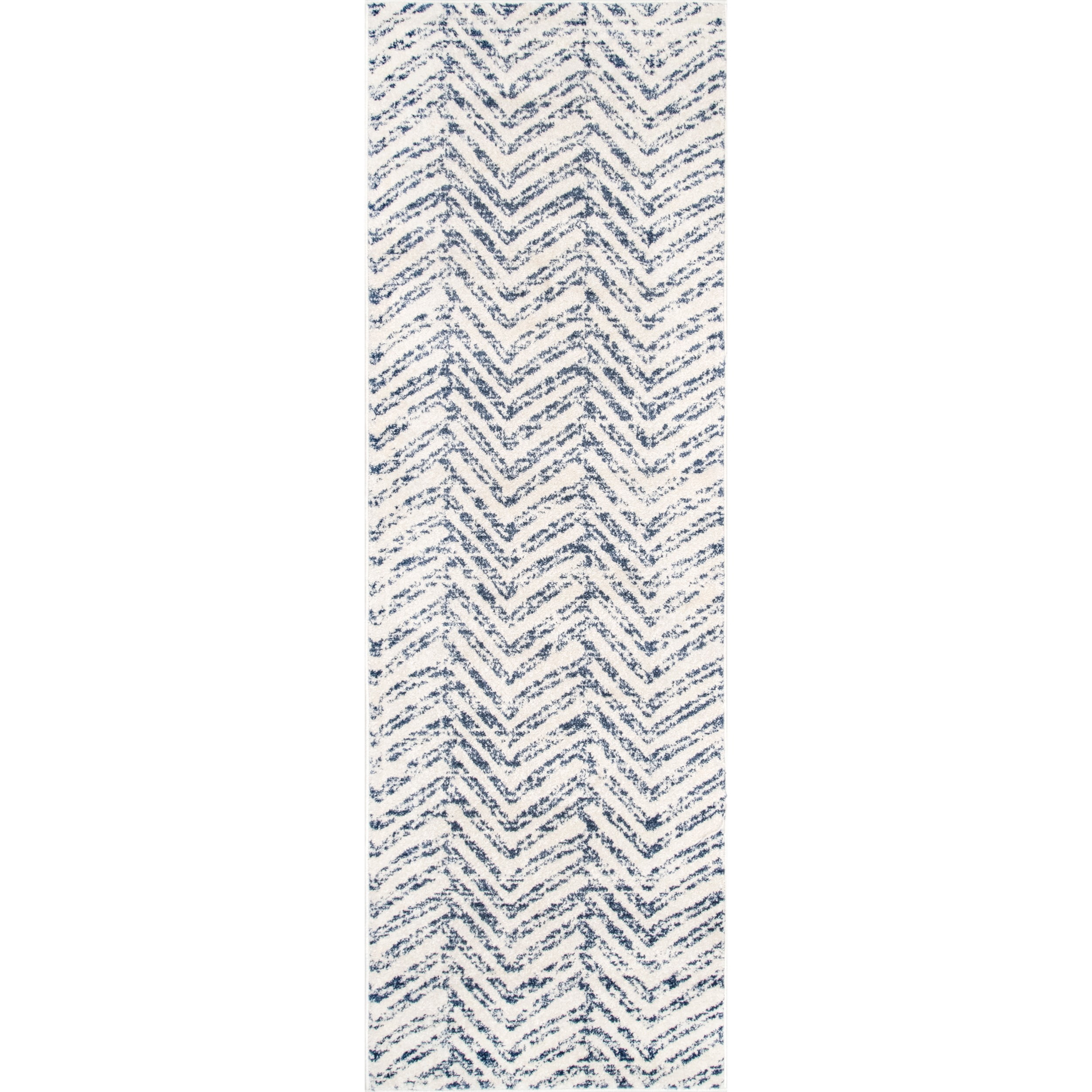 Blue and White Geometric Synthetic Runner Rug, 2'6" x 12'