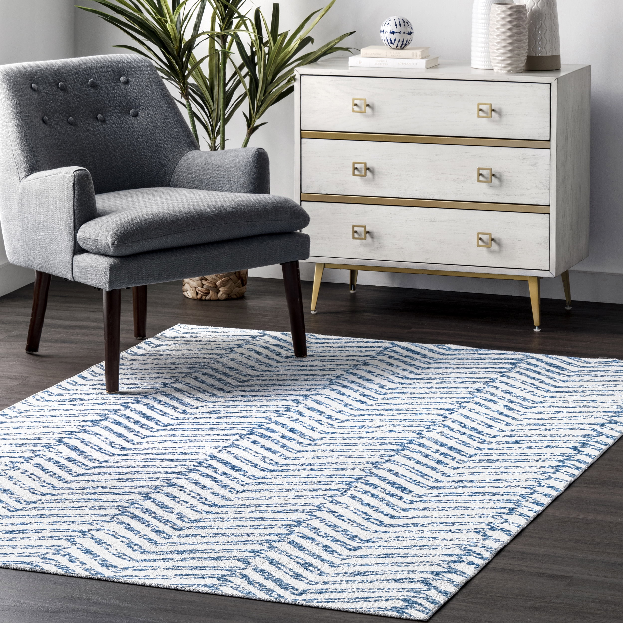 Rosanne Blue and Ivory Geometric 5' x 8' Washable Synthetic Area Rug