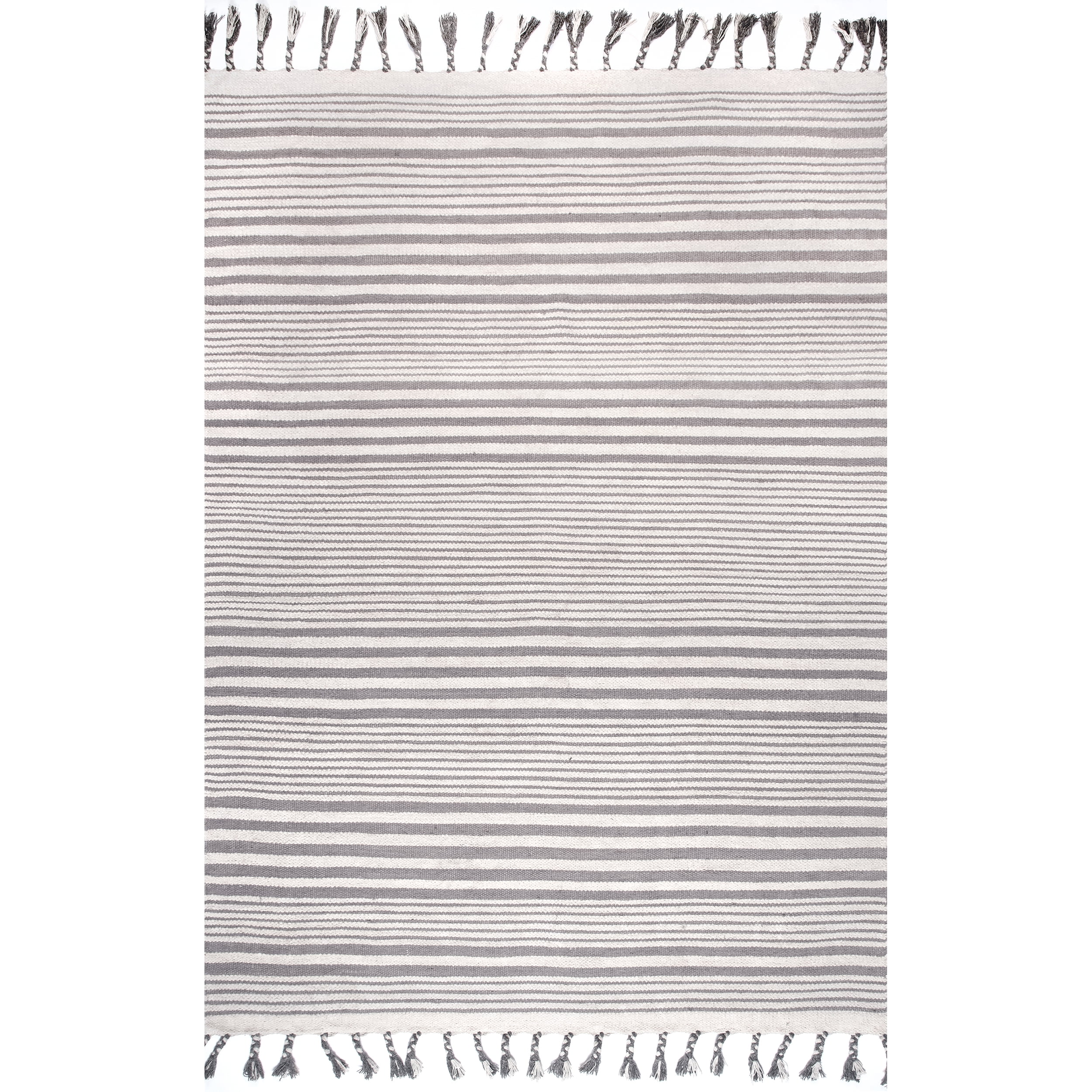 Light Gray Wool and Cotton Striped Flatweave Rug with Tassels, 5' x 8'