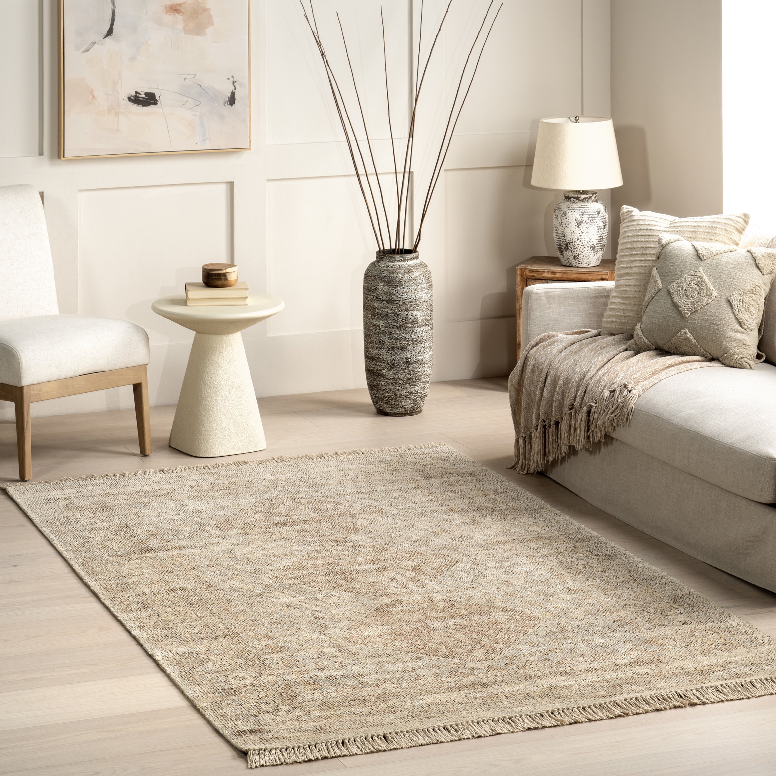 Handwoven Khaki Wool and Viscose Tasseled Area Rug