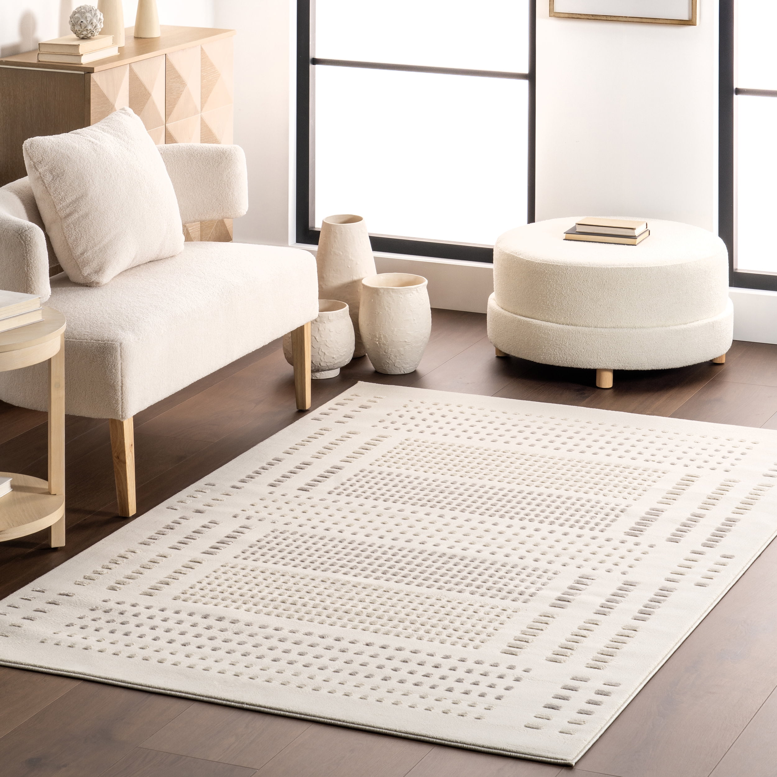 Cream Geometric Round Machine Washable Synthetic Rug